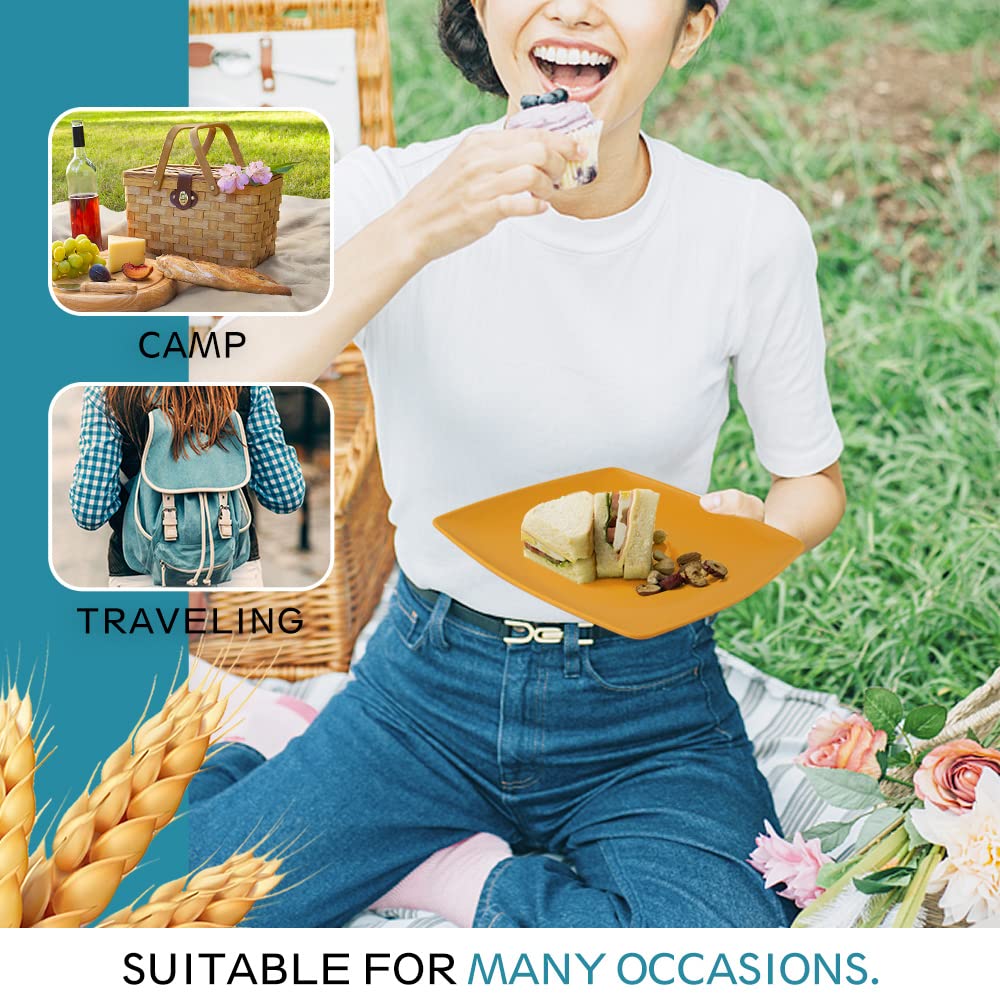 Teivio 56-Piece Plastic Wheat Straw Square Dinnerware Set for 8, Unbreakable Dinner Plates, Snack Bowls, Tumblers 13.5 oz, With Flatware,Dishwasher Safe, Outdoor Camping RV Dish, Autumn Multicolor