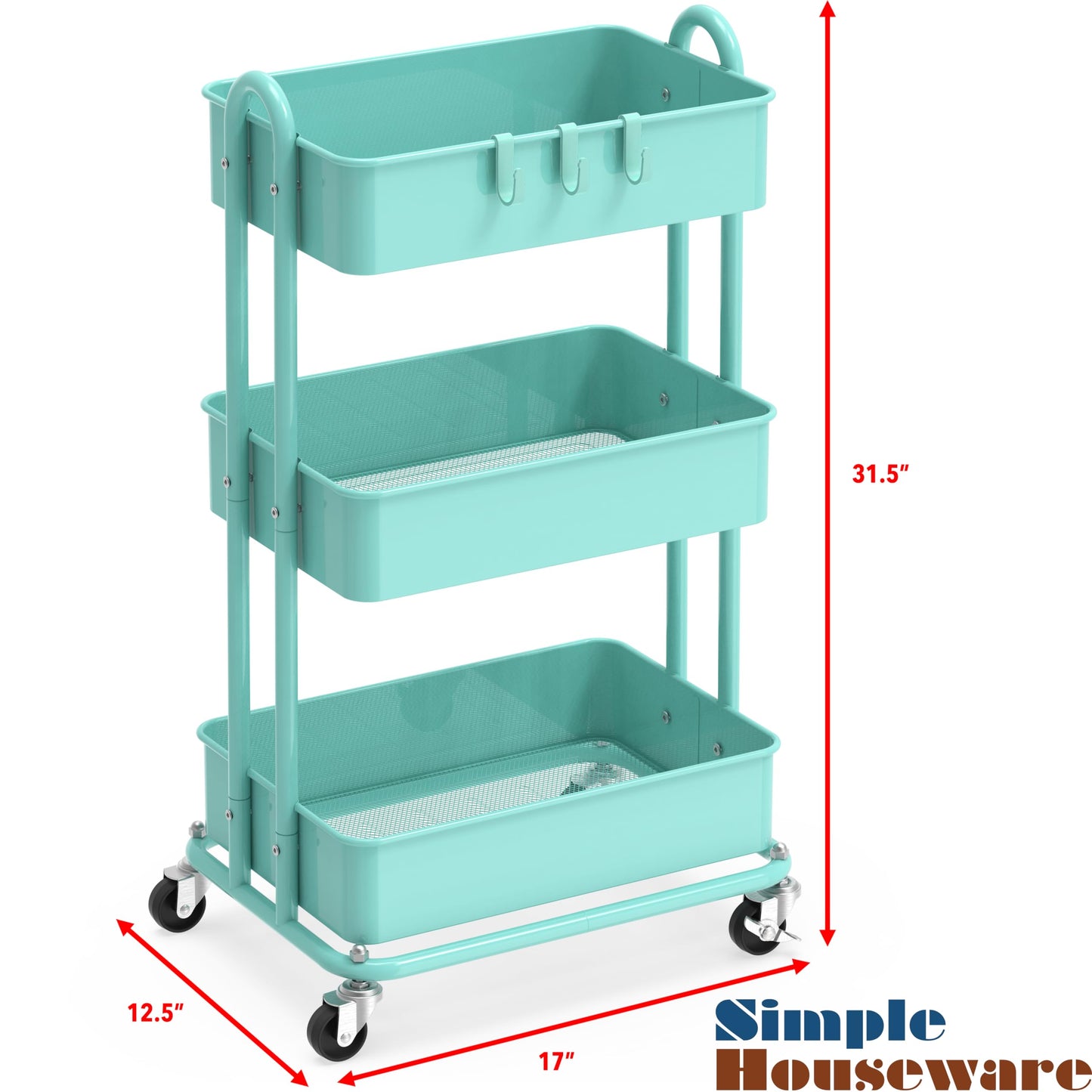 Simple Houseware 3-Tier Heavy Duty Metal Utility Rolling Cart, Turquoise