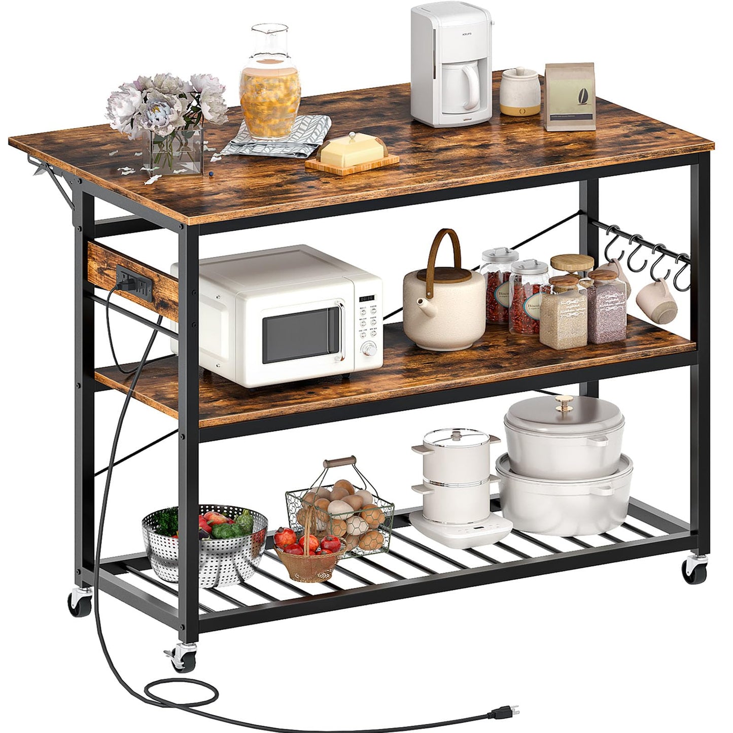 CHOEZON Kitchen Island with Power Outlet and Folding Top, Movable with 3-Tier Storage, Large Size, Wooden Shelves and Wine Rack, for Kitchen, Dining and Living Room, Rustic Brown and Black TZD02UBF