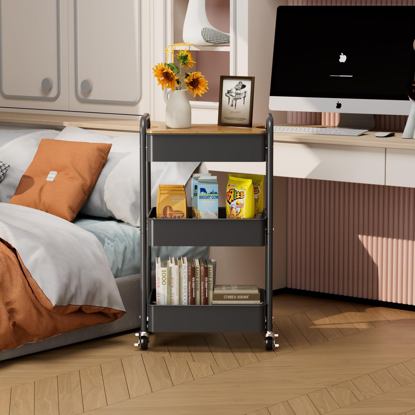 johgee 3 Tier Rolling Cart with Table top, Metal Utility Cart, Sturdy Storage Organizer Cart with Locking Wheels & Hooks for Office, Classroom, Kitchen and Bathroom