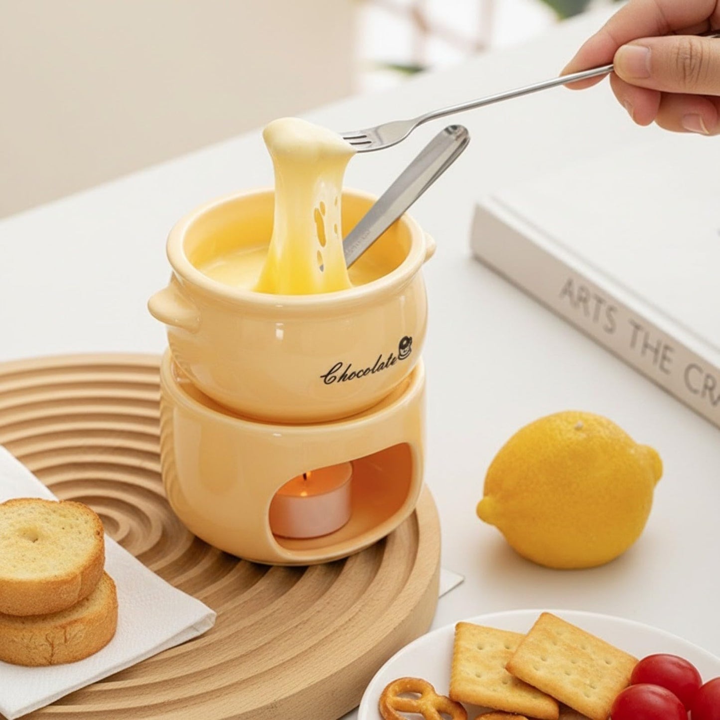 HELAIMAY Sweet Fondue Cup with Fork, Cheese Desserts Marshmallows Chocolate Melting Cup, Ceramic Fondue Mug Set for Date Night Party Wedding or Holiday Gift, Cream, 1Piece