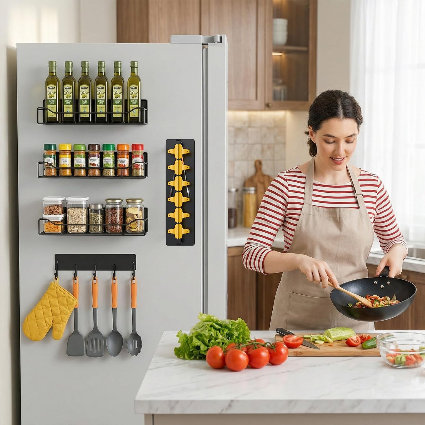 Magnetic Spice Rack for Refrigerator, 5 Pack Magnetic Fridge Organizer Shelves, Strong Magnetic Hold, No Drilling, Space Saving Storage Rack for Kitchen Spice Jars, Pantry & Refrigerator (Black)
