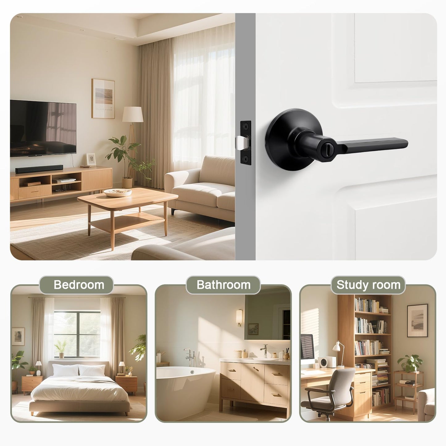 GOBEKOR 5 Pack Matte Black Door Handles Interior,Heavy Duty Privacy Door Levers with Lock,Sleek Round Interior Door Handles for Bedroom and Bathroom with No Key