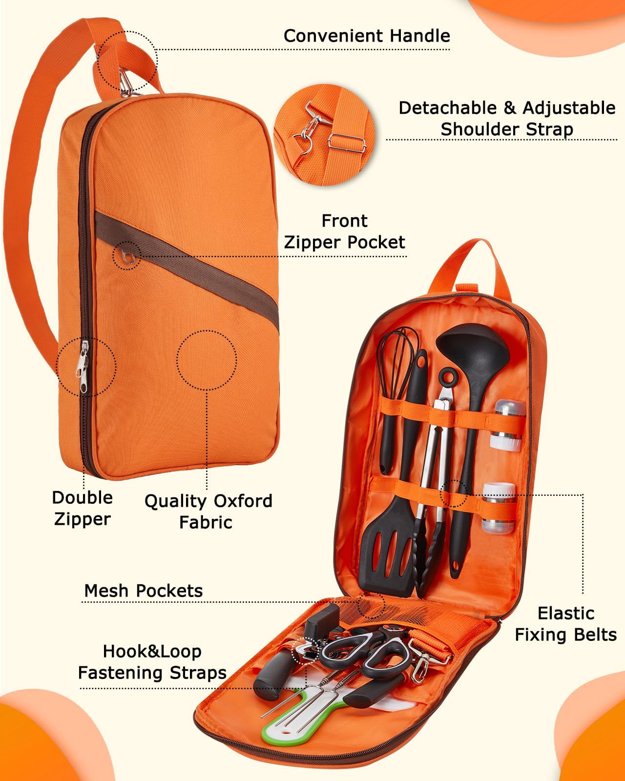 Hozzen Camping Cooking Utensil Set - Car Camping Essentials Cooking Gear for Outdoor Kitchen Grilling, Stainless Steel & Silicone Ideal Gift for RV Tent Camper, Picnics, BBQs