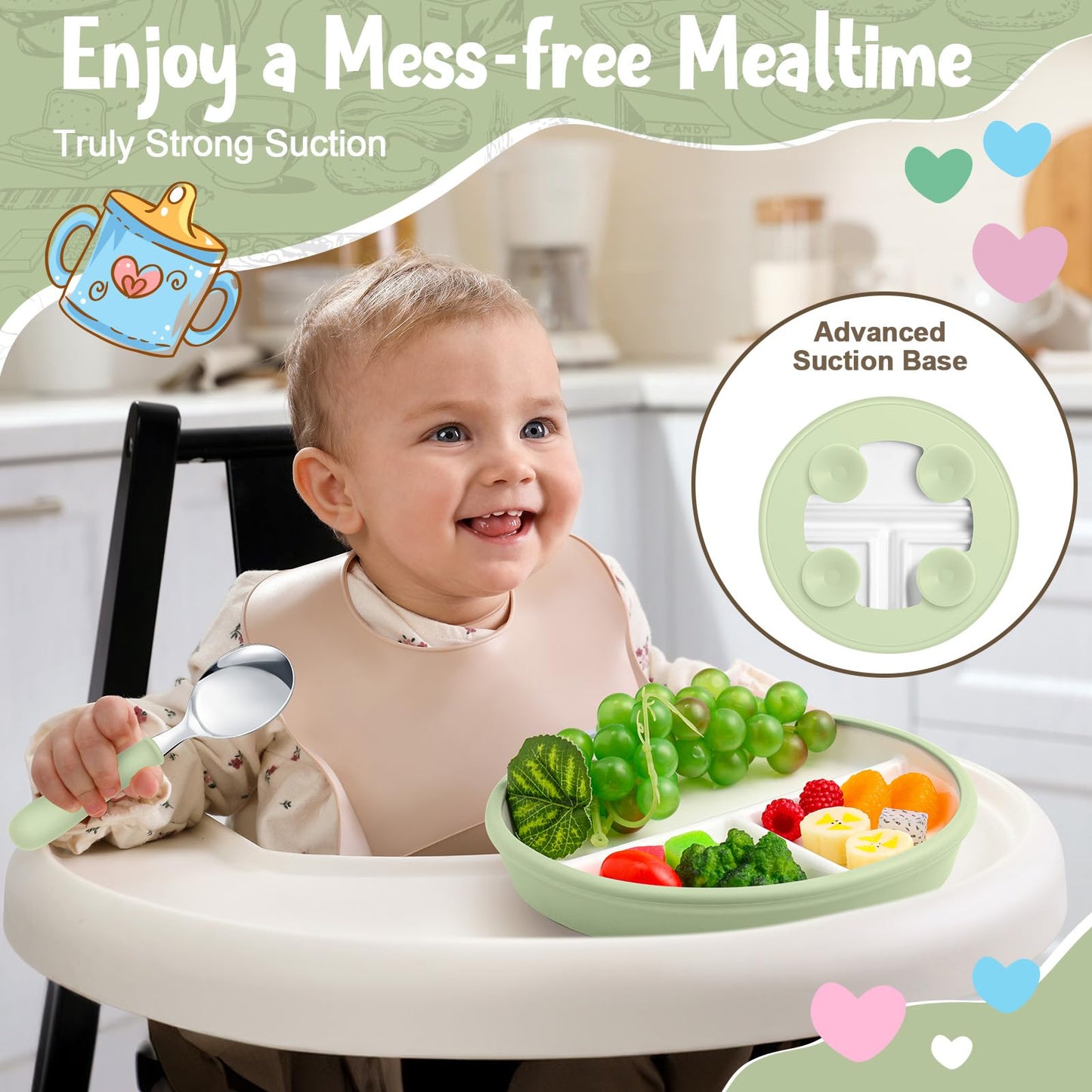 Teenyyou 3 Pack 8" Large Porcelain Toddler Plates Feeding Set, Ceramic Kids Suction Plates with Anti Slip Silicone Sleeve for Baby 3 Spoons and Forks Divided Kids (Green,Pink,Purple)