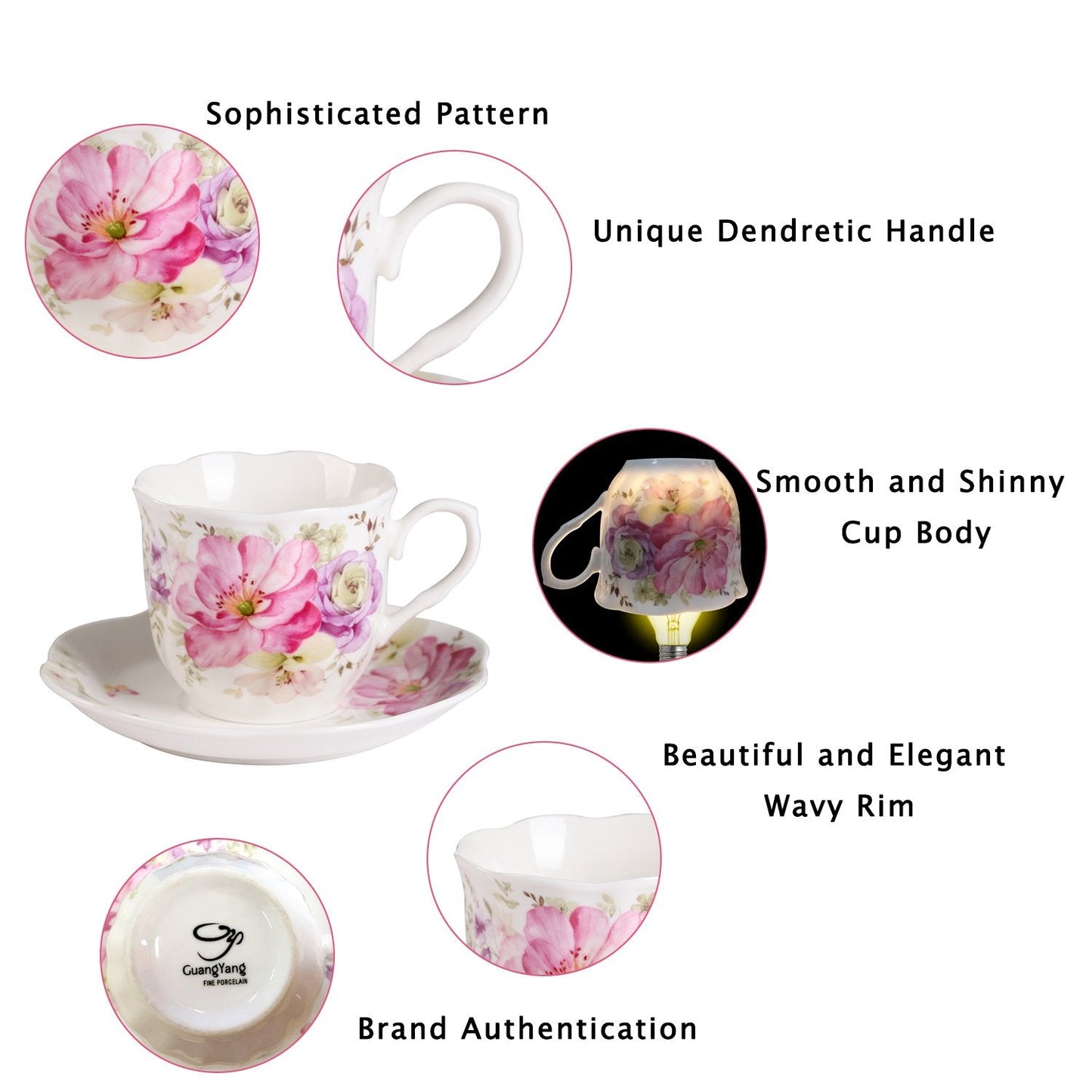 GuangYang 7 oz Porcelain Tea Cups and Saucers Set of 6, Pink Floral Design – Elegant Gift Set for Tea Lovers, Coffee, Cappuccino, Mocha, Weddings, Housewarming & Holidays