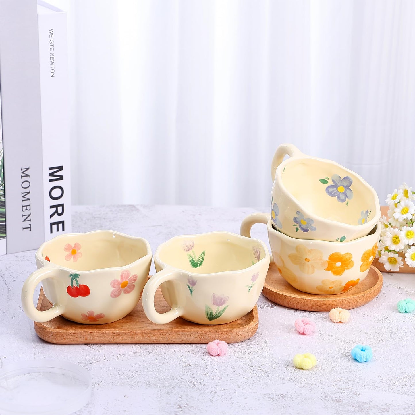 NAYAHOSE Ceramic Coffee Mug, Creative Cute Coffee Mugs Handheld Irregular Aesthetic Flower Ceramic Mug for Women Latte Tea Milk Oats Cup Breakfast Cups,8.5 oz/250 ml (Red Cherry)