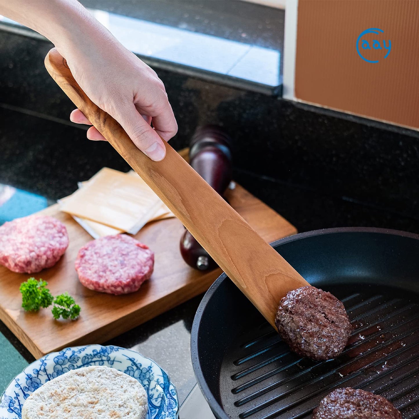 FAAY 13" Flat Wooden Spatula for Cast Iron, Egg Flipper, Pan Scraper, Handcraft from High Moist Resistance Golden Teak for Non Stick Cookware (13")