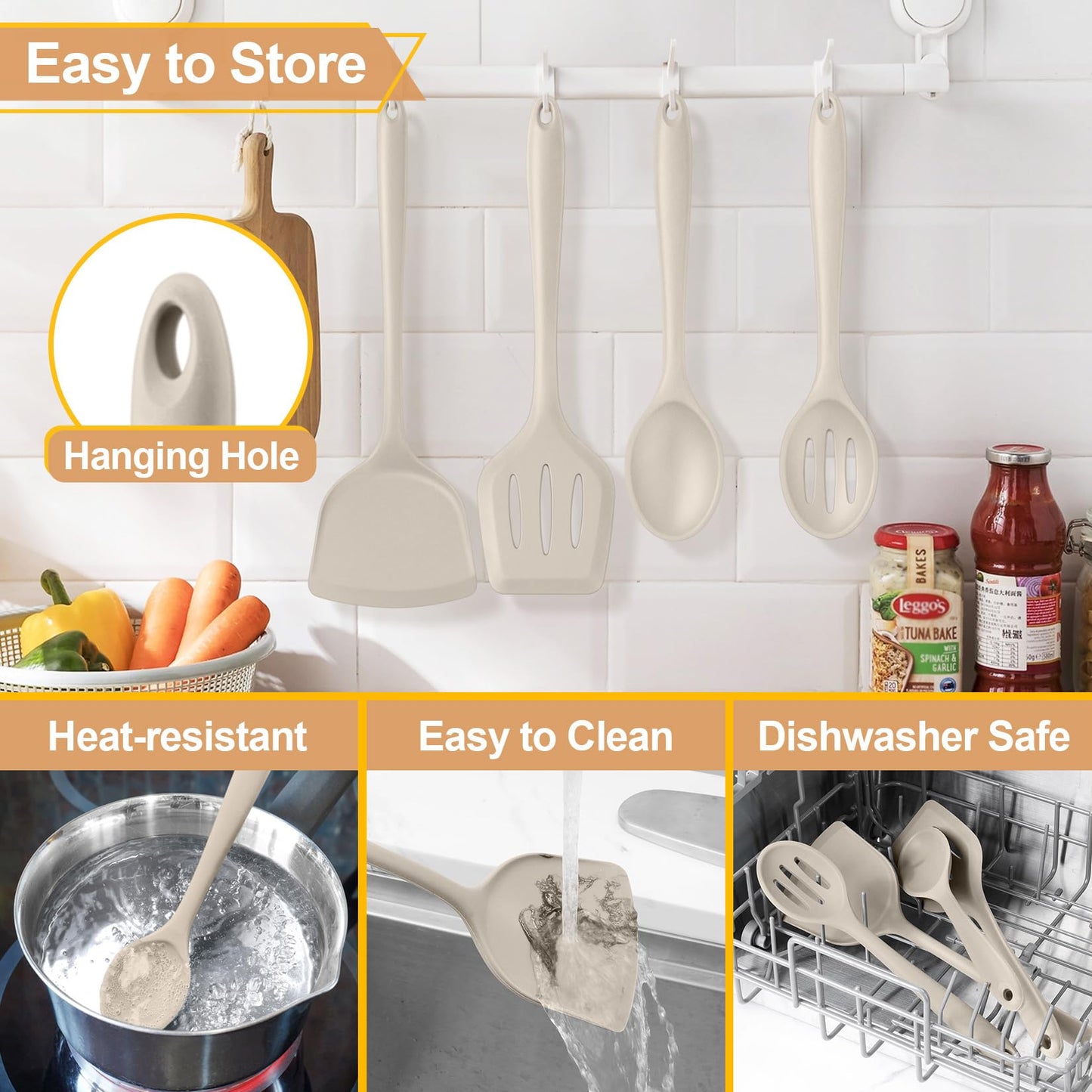 P&P CHEF Kitchen Utensil Set, 4 Pieces Non-stick Silicone Cooking Utensils, Heat-resistant Slotted Solid Spoon Turner for Frying, Mixing, Serving, Non-toxic & Easy to Clean, Khaki