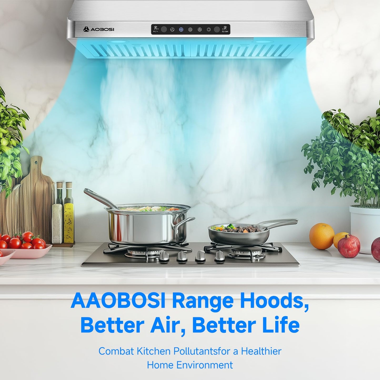 AAOBOSI 30 Inch Under Cabinet Range Hood, 800 CFM Stainless Steel Kitchen Vent Hood with Gesture Sensing, Touch Control, 3-Speed Exhaust Fan, LED Lights, Ducted Range Hood