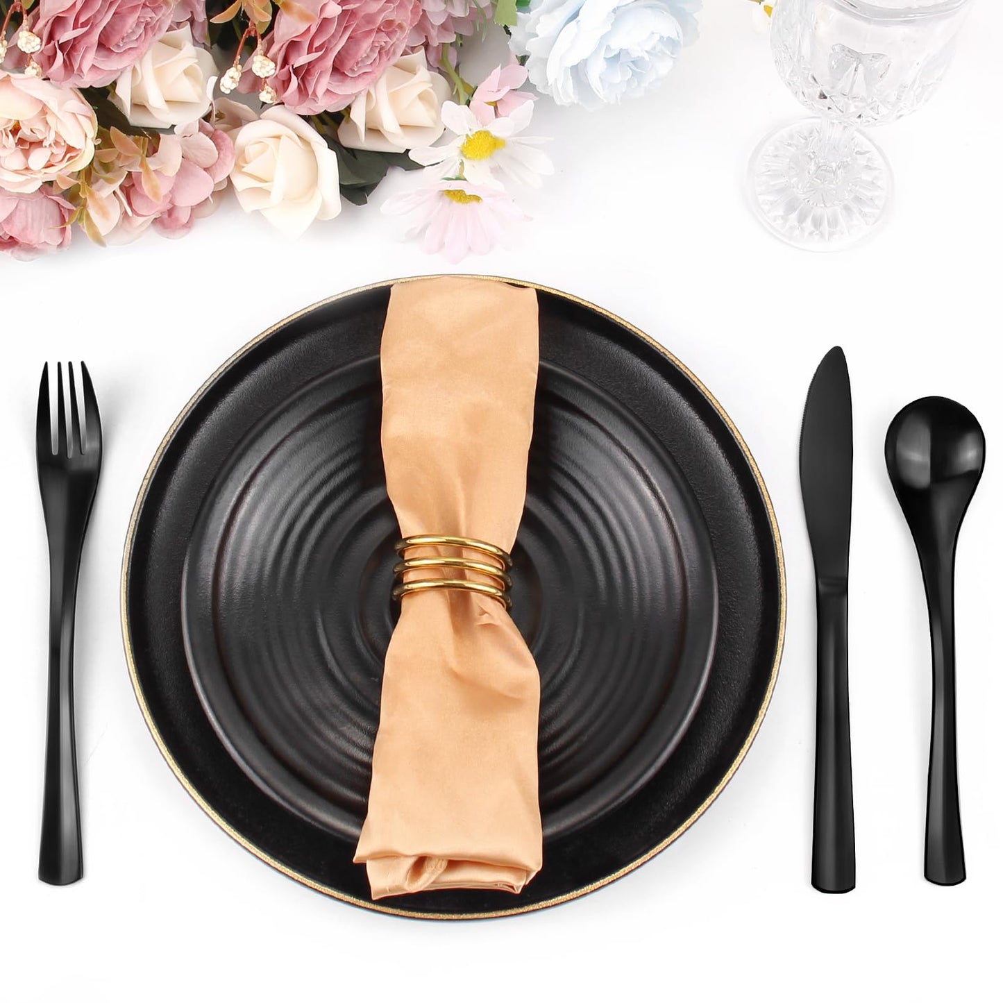 Bysta 24 Piece Black Silverware Set, Knife Fork Spoon Set, Stainless Steel Flatware Cutlery Set, Kitchen Utensil Set Service for 8, Tableware Set for Home and Restaurant, Dishwasher Safe, Satin Finish