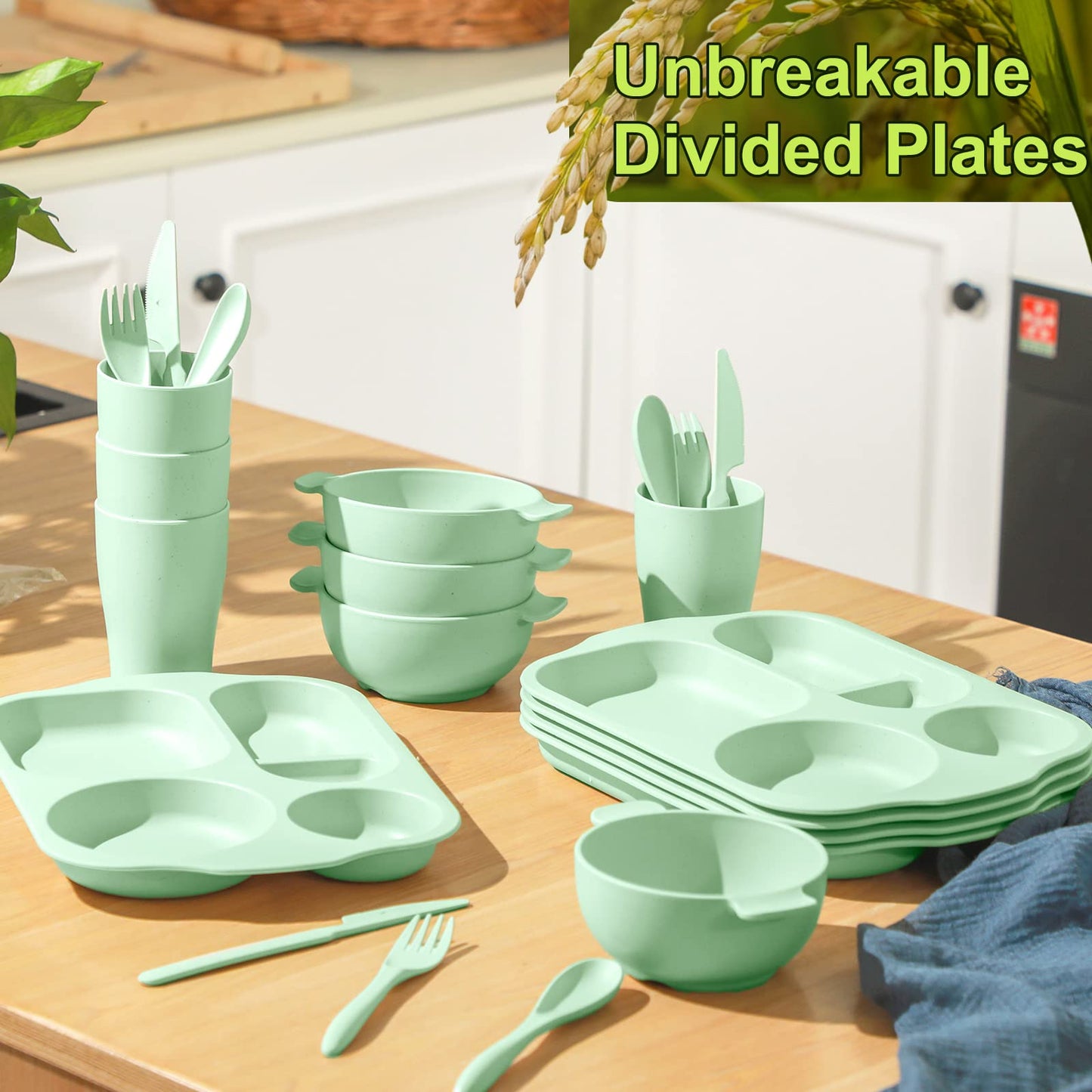 24 Pcs Wheat Straw Dinnerware Cutlery Set for Aldult Including Divided Plates Microwave Dishwasher Safe Bowl Unbreakable Tableware Straw Cutlery Spoon Knife Fork(Green)