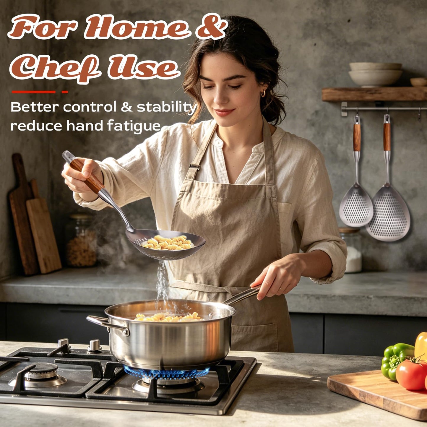 MARTE 16.5in 304 Stainless Steel Skimmer Slotted Spoon - Pasta Spider Strainer Ladle for Cooking and Frying - Kitchen Metal Scoop Colander With Heat Resistant Wooden Handle