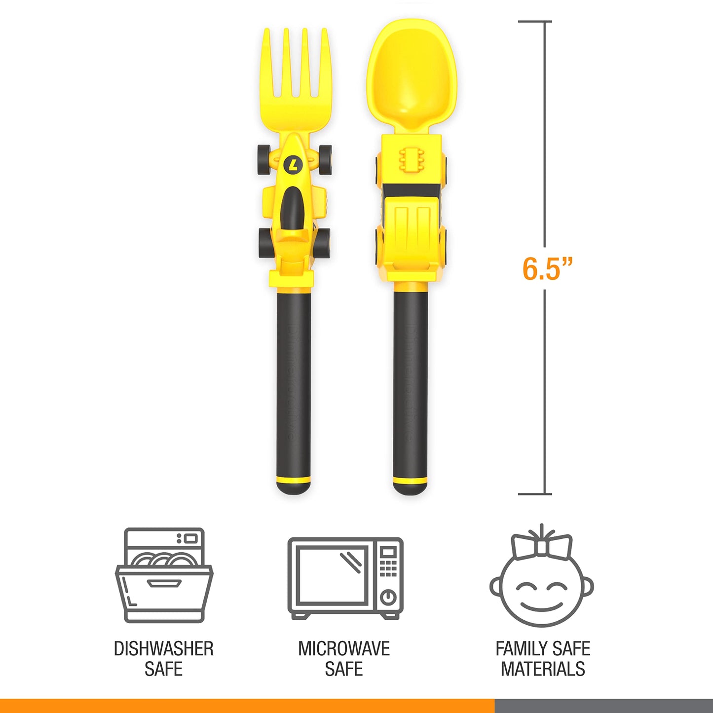 Dinneractive Utensil Set for Kids – Yellow Race Car Themed Fork and Spoon for Toddlers and Young Children – 2-Piece Set