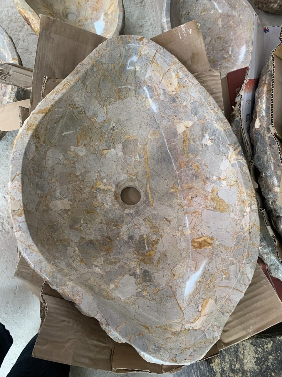 Organic Freeform Hand-Carved Marble Vessel Sink – Stone Vessel Sink with Chiseled Exterior & Natural Gold Veining – One-of-a-Kind Rustic Luxury Bathroom Sink