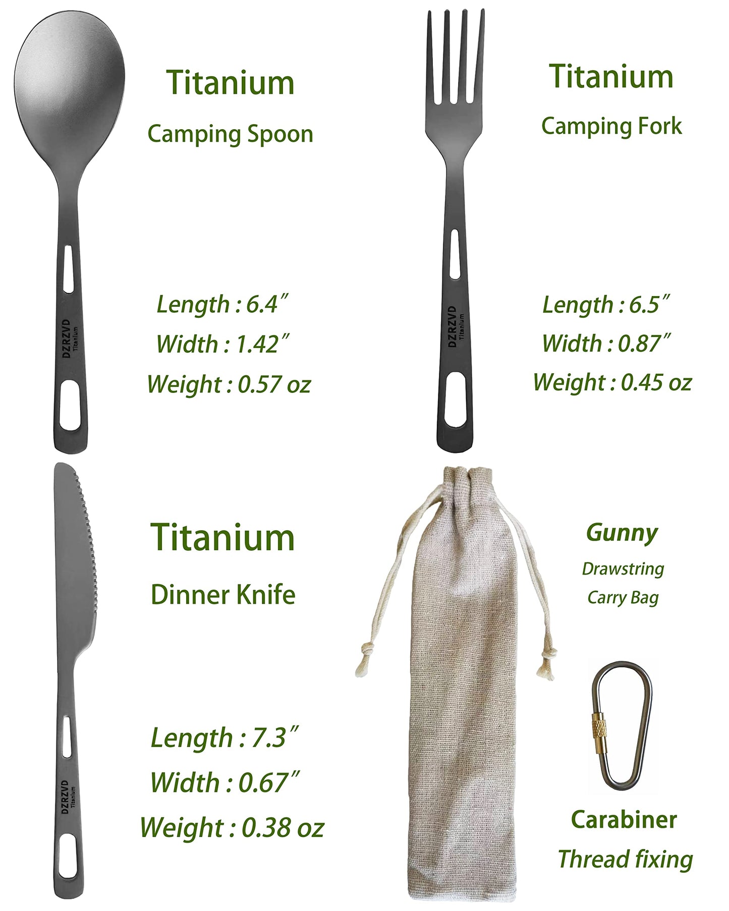 DZRZVD Titanium Utensils Set, Ultra-light Titanium Spoon Fork Knife with Carabiner, Camping Dishware, Traveling Dinnerware, Backpacking Miss Kit, Portable Cutlery for Outdoors Hiking Coffee