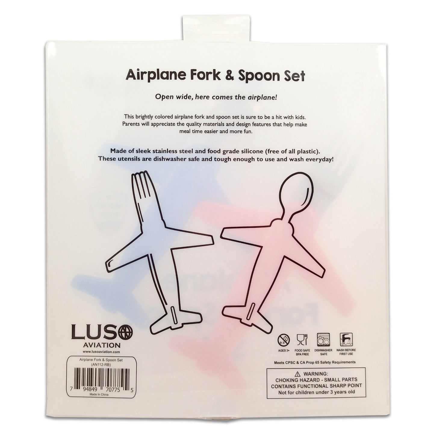 Kids' Airplane Fork & Spoon Set, Stainless Steel & Silicone