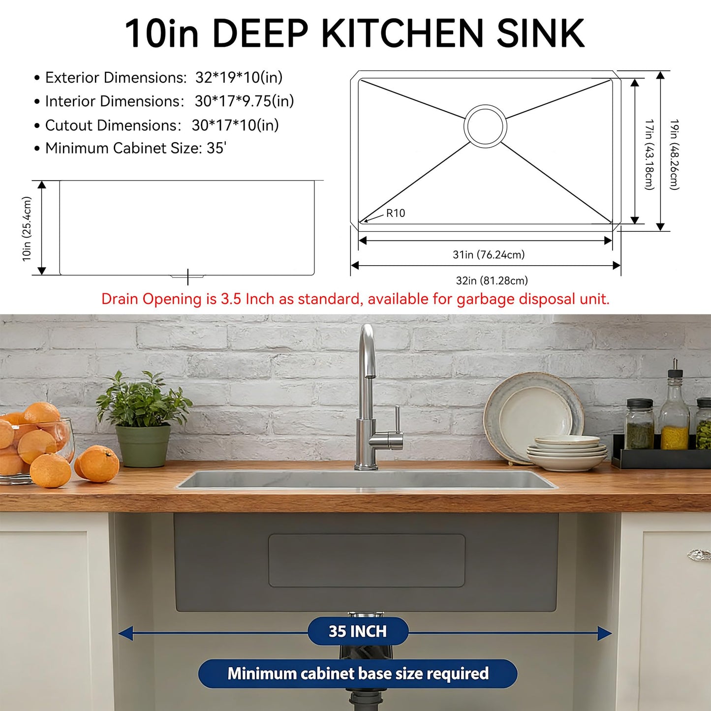 32 Inch Undermount Kitchen Sink, 16 Gauge Stainless Steel Workstation Sink with Accessories, Single Bowl, Brushed Finish (32"x19"x10")