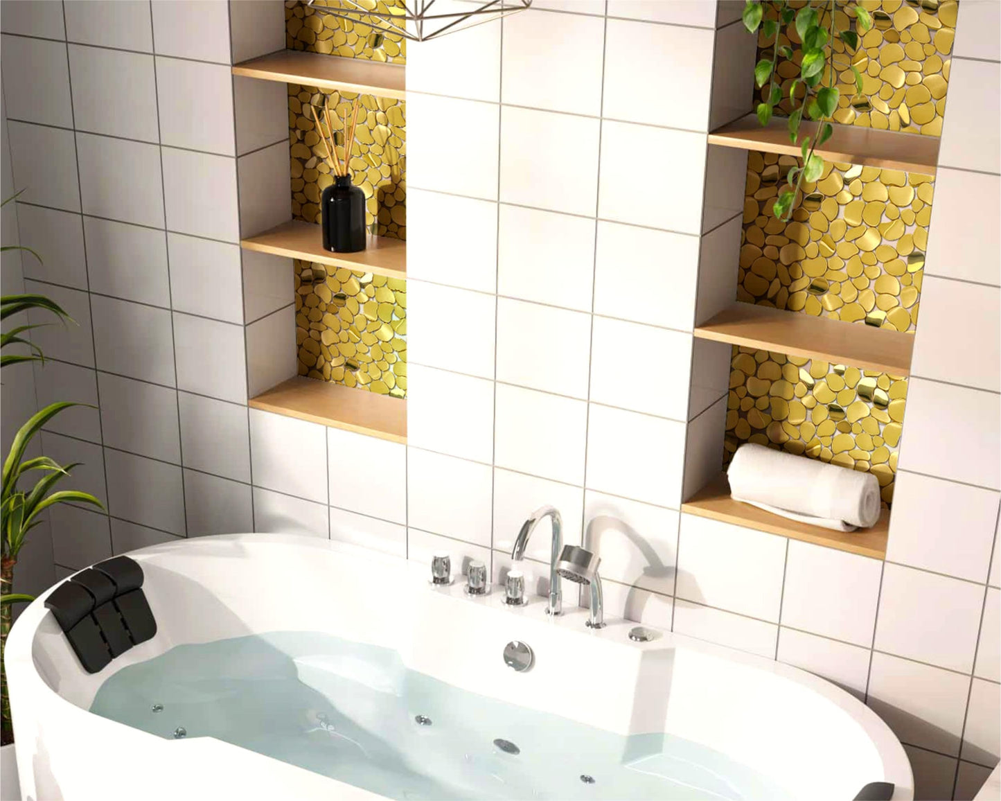 Primoon Golden Metal Pebble Mosaic Tiles, 5 Sheets Stainless Steel Backsplash Mesh Mounted, 12×12 Inches Waterproof Metal Tile, Gold Wall Tiles for Kitchen Bathroom Backsplash Shower Stove Backsplash