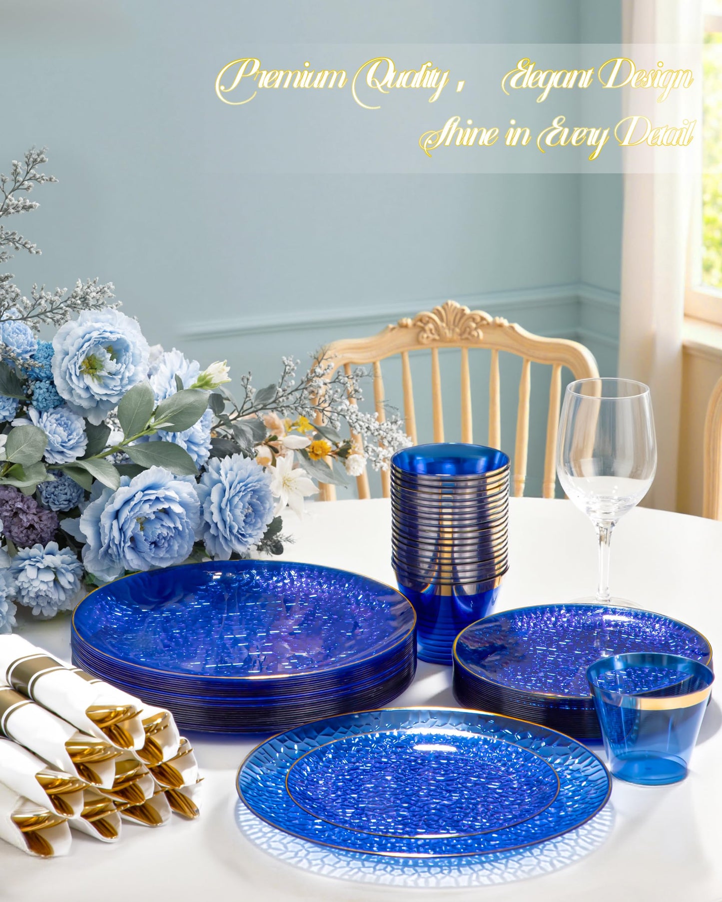 Hioasis 175pcs Blue Gold Plastic Plates - Blue Plastic Dinnerware Set Includes 25 Dinner Plate, 25 Dessert Plate, 25 Cups, 25 Napkins Perfect for Christmas & Party