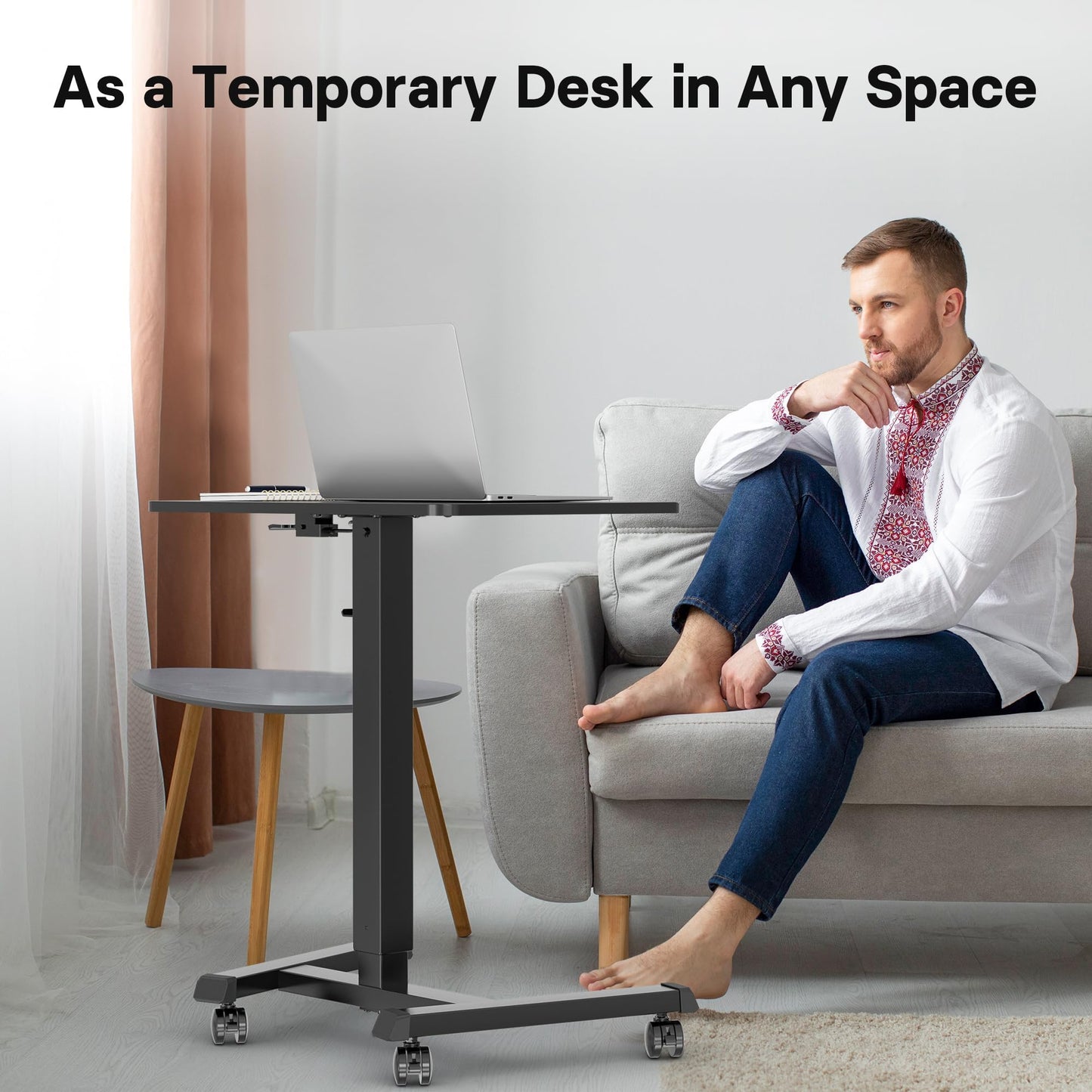 BONTEC Mobile Standing Desk Adjustable Height, Rolling Laptop Cart with Hook, Portable Workstation with Pneumatic Lift, Ergonomic Table with Wheels, Compact Home Office Desk, Black 25.6" x 17.7"