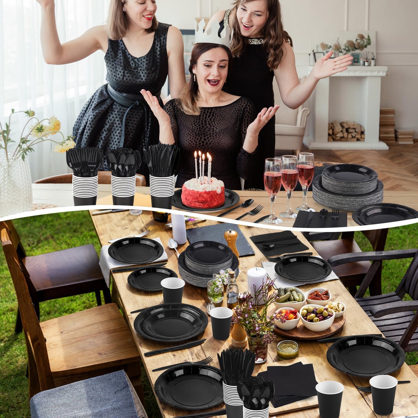 Kochorie 350 Pieces Black Dinnerware Set, 7 & 9 inch Dessert Paper Plates Cups Napkins Plastic Cutlery Disposable Party Supplies for Birthday Baby Shower Wedding, Serve 50 Guests