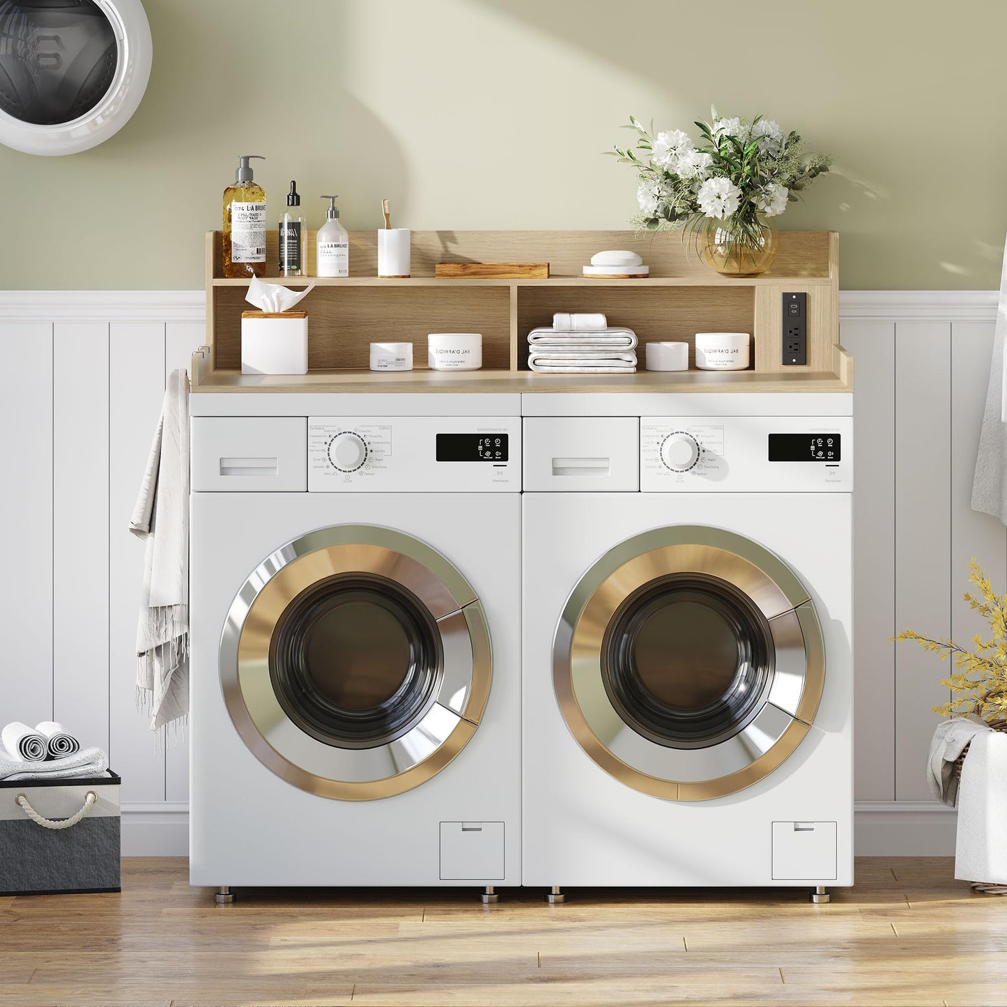ZYKZYK Upgraded 2-Tier Washer and Dryer Countertop with Power Outlet,54" W x 27.6" D Large Laundry Countertop for Fold Clothes, Laundry Topper with Non-Slip Pads & Metal Hooks and Storage Basket