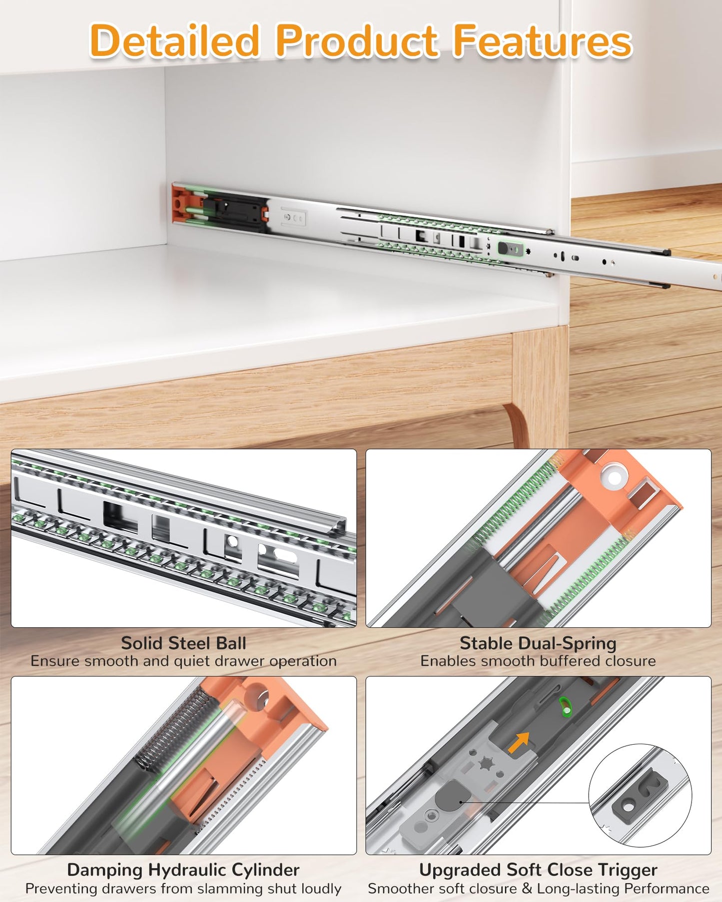 Chibery 14 Inch Side Mount Soft Close Drawer Slides, 6 Pairs Heavy-Duty Full Extension Kitchen Cabinet Drawer, Metal Ball Bearing Smooth Slow Quiet Self Closing Dresser Glides Runners, 100LB Capacity
