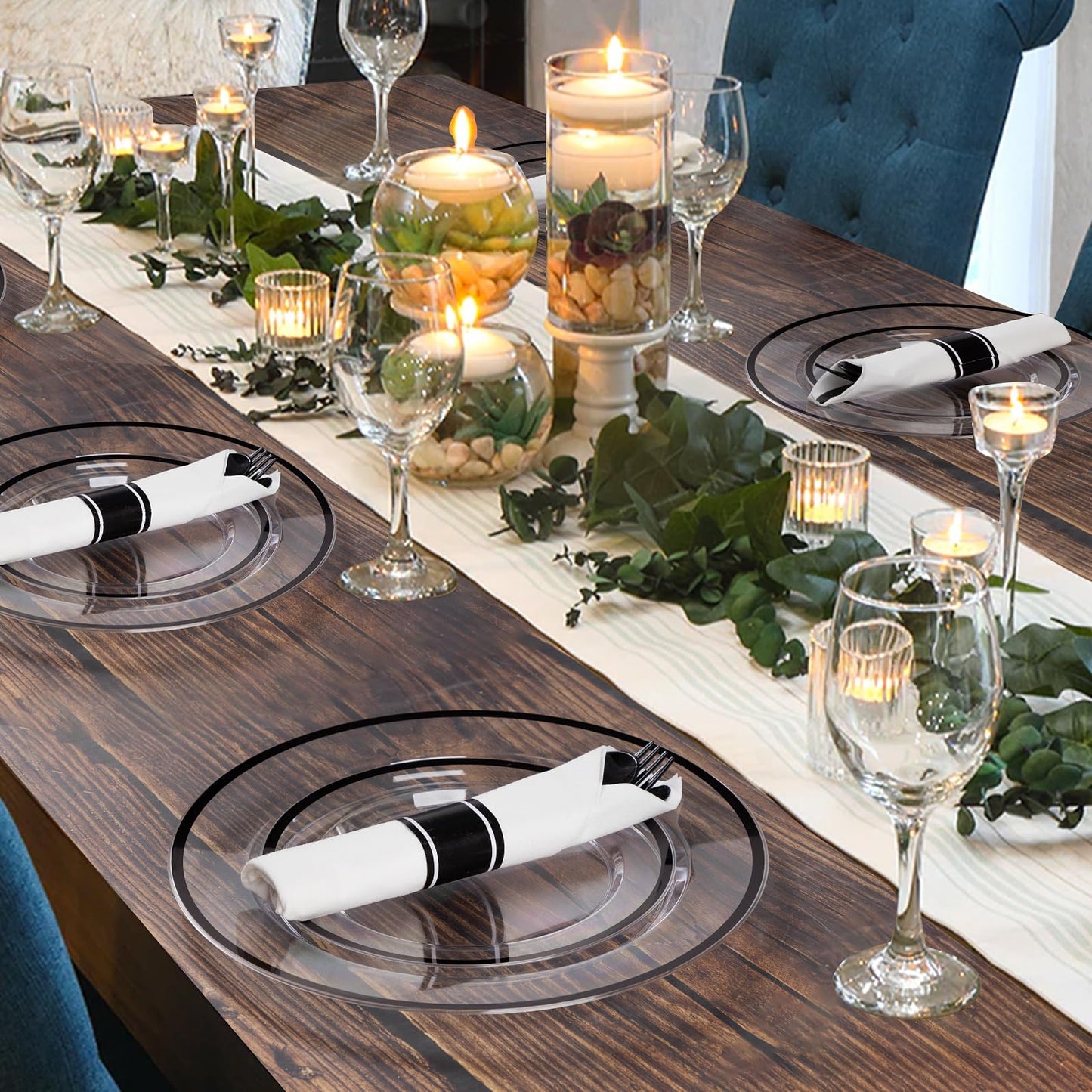 Goodluck 350 Piece Black Plastic Dinnerware Set for Party, Clear Disposable Plates for 50 Guests, Includes 100 Plates, 50 Pre Rolled Napkins with Cutlery Set, 50 Cups, for Graduation Party, Wedding