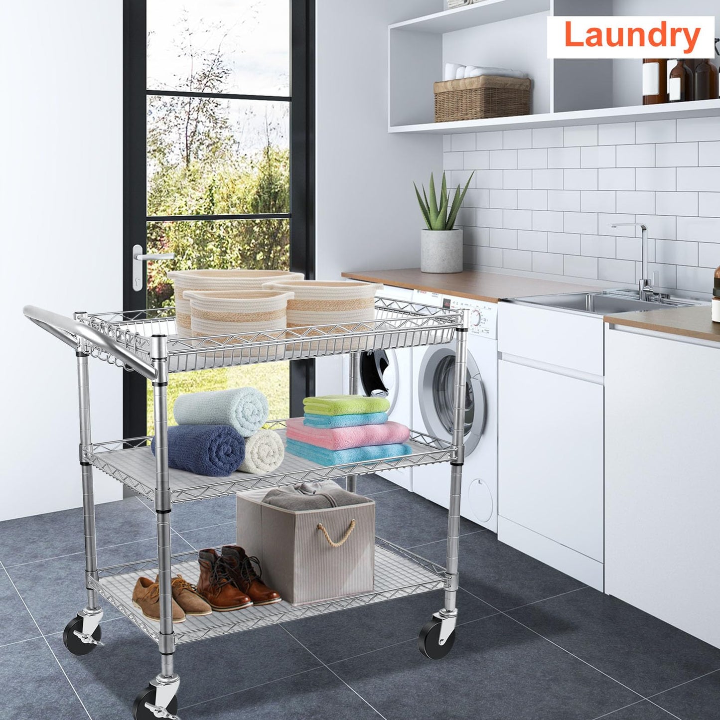 BolDuck Heavy Duty Utility Cart, 990Lbs Capacity 3 Tier Rolling Carts with Wheels, Kitchen Cart on Wheels with Storage, Commercial Grade Metal Serving Carts with Wire Shelving &Handle Bar, Silver