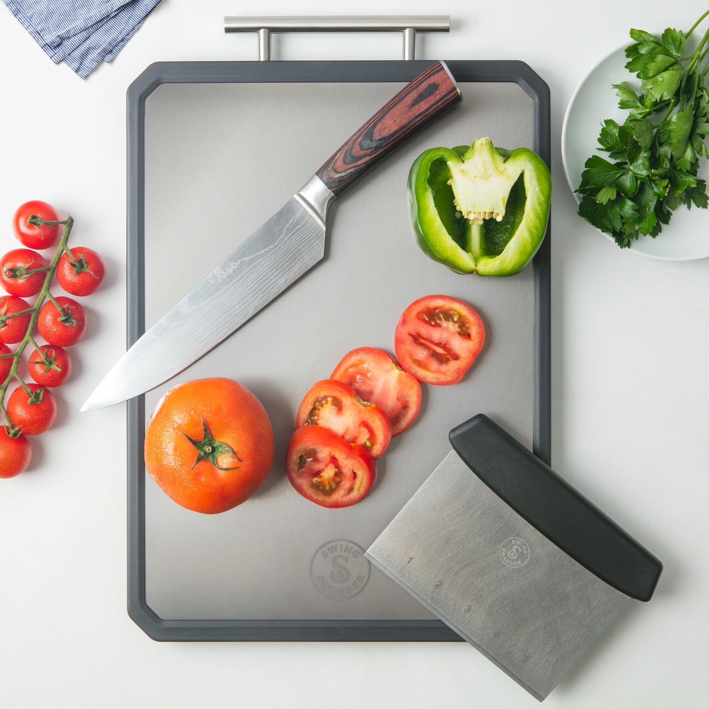 Titanium Cutting Board for Kitchen with Scraper – 16” x 11” Double-Sided Metal Cutting Board with Steel Handle, Large Prep Surface