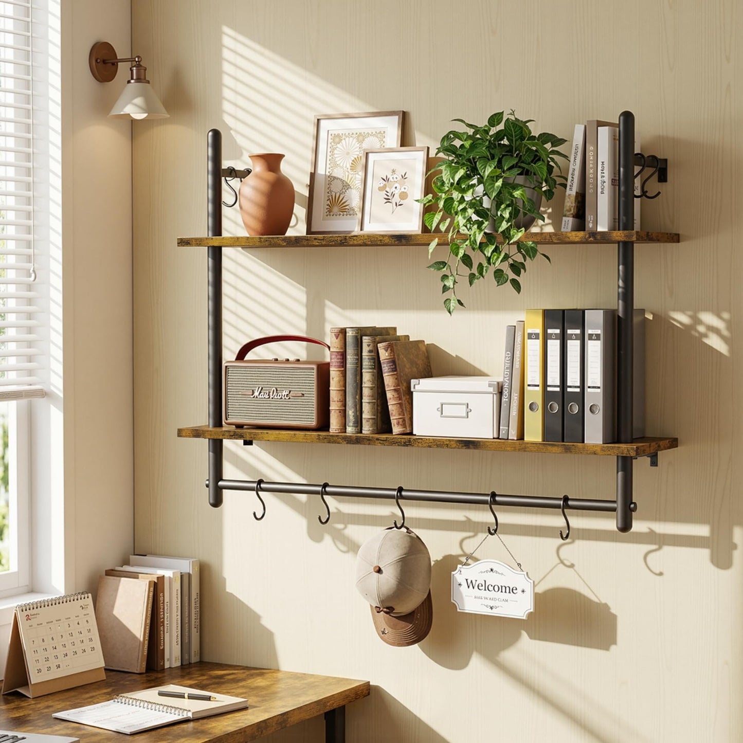Merapi Industrial Pipe Floating Shelf with Towel Bar & Hooks - 31.5" Wall Mounted Kitchen, Bathroom, Coffee Bar Shelf - Modern Farmhouse Wood & Metal Shelves with 8 S-Hooks