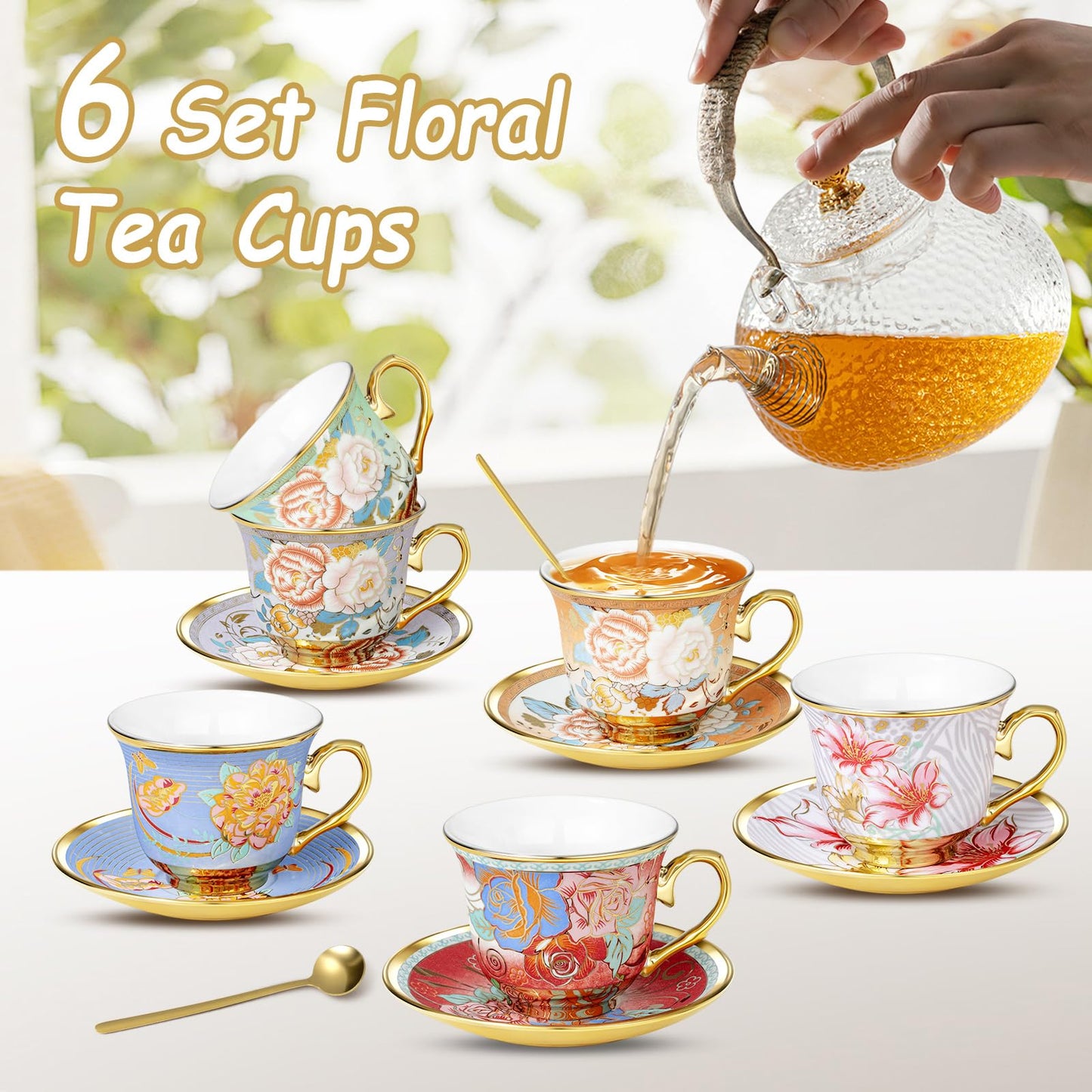 XRBEOU Tea Cups and Saucers, Tea Cup Set of 6, 8 OZ Floral Cups Porcelain Cup Set for Cappuccino, Coffee, Afternoon Tea Birthday Party Supply Housewarming Gift