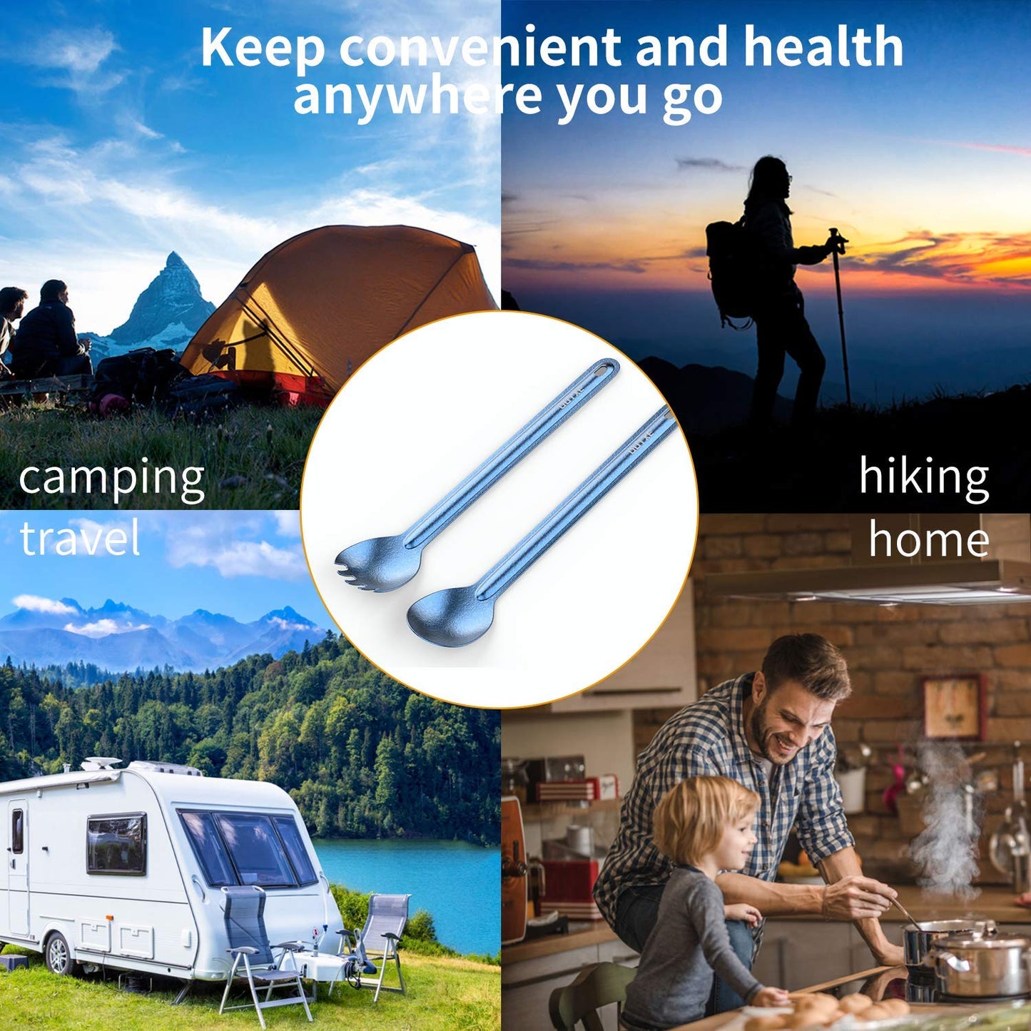 OUTXE Titanium Camping Utensil, Ultra Lightweight Long Handle Spoon Spork for Backpacking, Hiking, Outdoors Ice-Crystal Blue