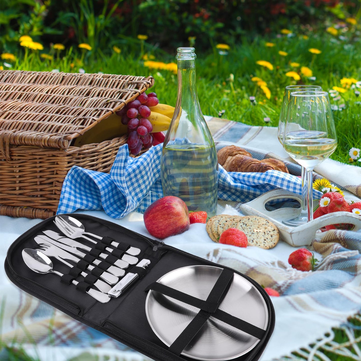 Outdoor Camping Silverware, 10Pcs Set Stainless Steel Outdoor Camping Mess Kits Includes Forks, Spoons, Knives, Fork Spoon Dish and Cap Opener, Plates - Portable Cutlery Bag (Stainless Steel)