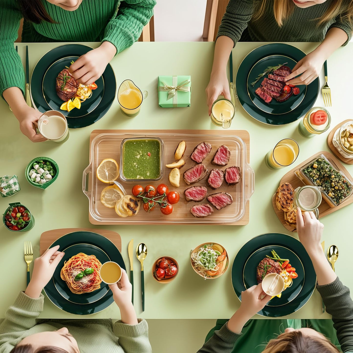 350 Pieces Green Gold Plastic Dinnerware Set, Gold Disposable Plates for Party, Include 100 Green Plates with 150 Plastic Cutlery, 50 Napkins and 50 Cups