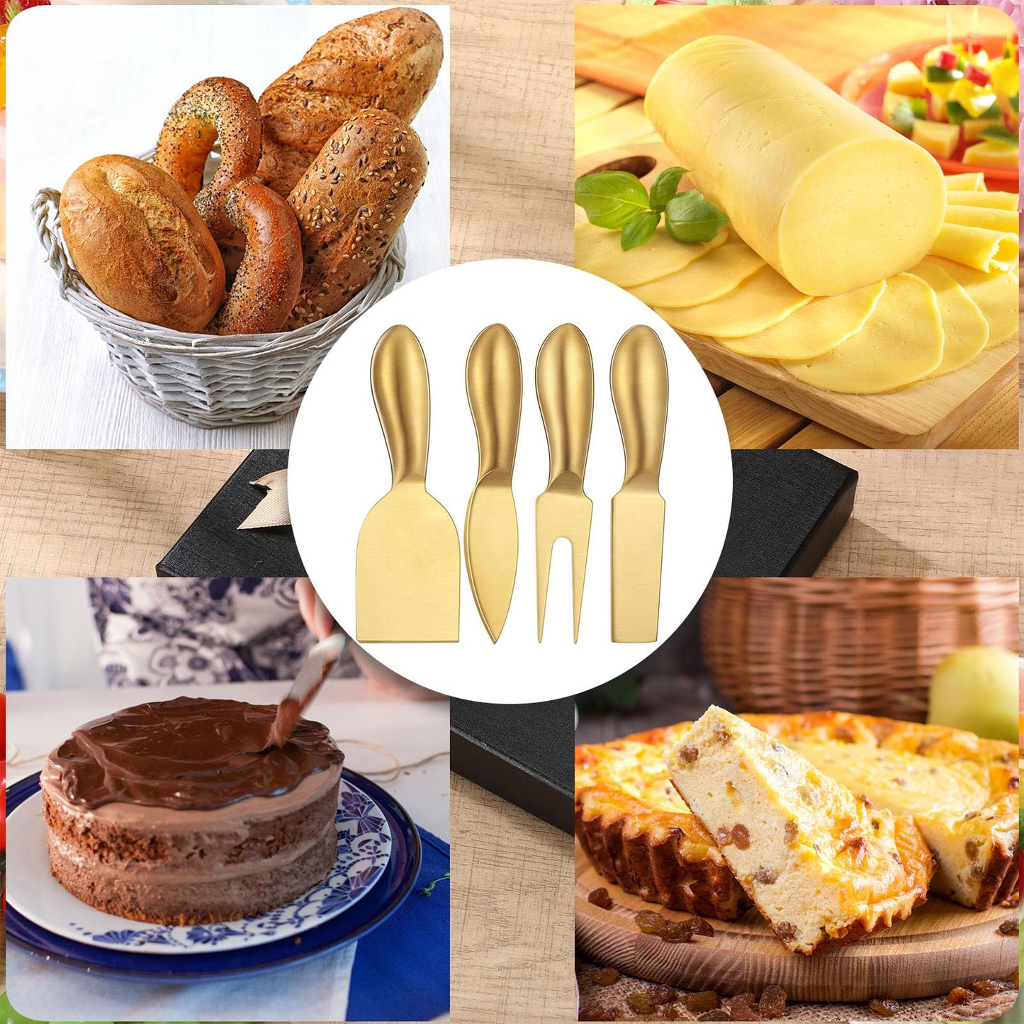 Funnymoom 4 Pcs Gold Cheese Knives Set Stainless Steel Cheese Tools with Cheese Slicer and Cheese Cutters for Kitchen Cheese Board Knife Set for Kitchen Charcuterie Board Accessories Housewarming Gift