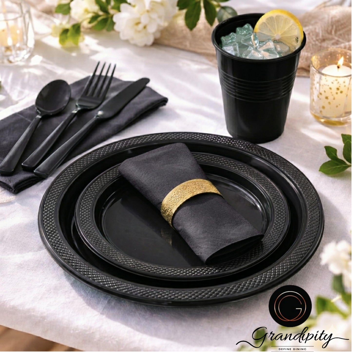 Grandipity 350 Piece Black Dinnerware Set, 50 Guests Plastic Party Plates, Cups, Napkins, Forks, Knives & Spoons