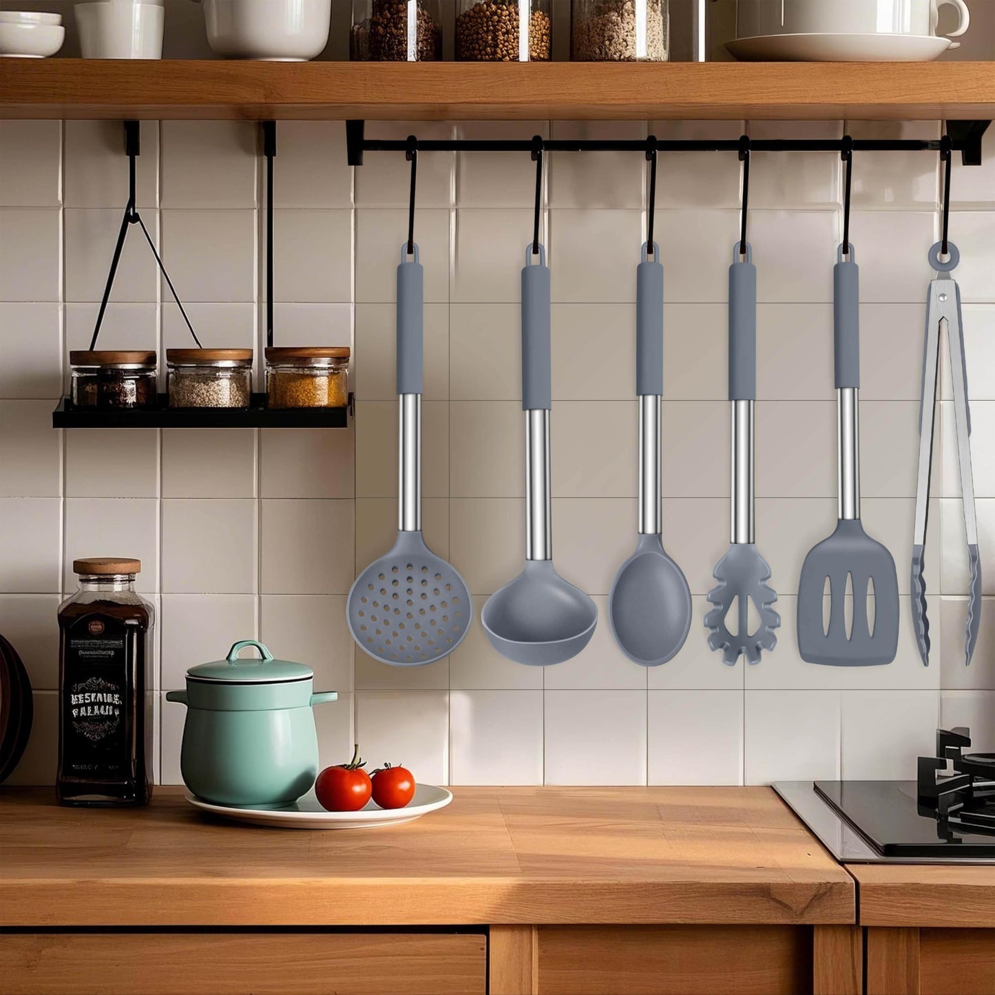 LIANYU Silicone Cooking Utensil Set, 6Pcs Heat Resistant Kitchen Utensils Set, Non-stick Stainless Steel Handle Spatula Tools, Dishwasher Safe, Grey