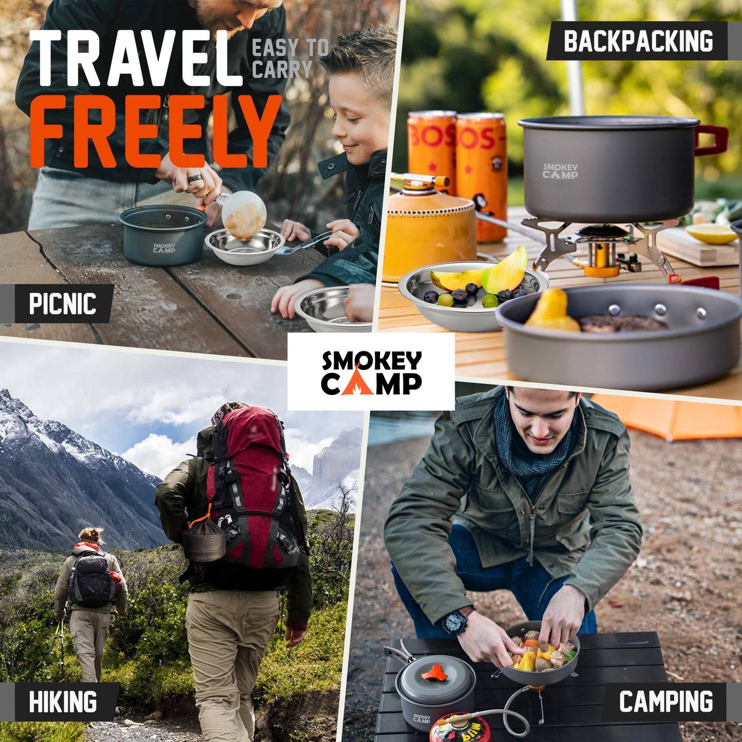 11 Pcs Smokey Camp Backpacking Cooking Set with Stove & Adapter - Pot, Pan, Stove, Cutlery, Compact Camping Cookware Mess Kit for One Person, All in One Non-Stick Camping Cooking Set, Hiking, Picnic