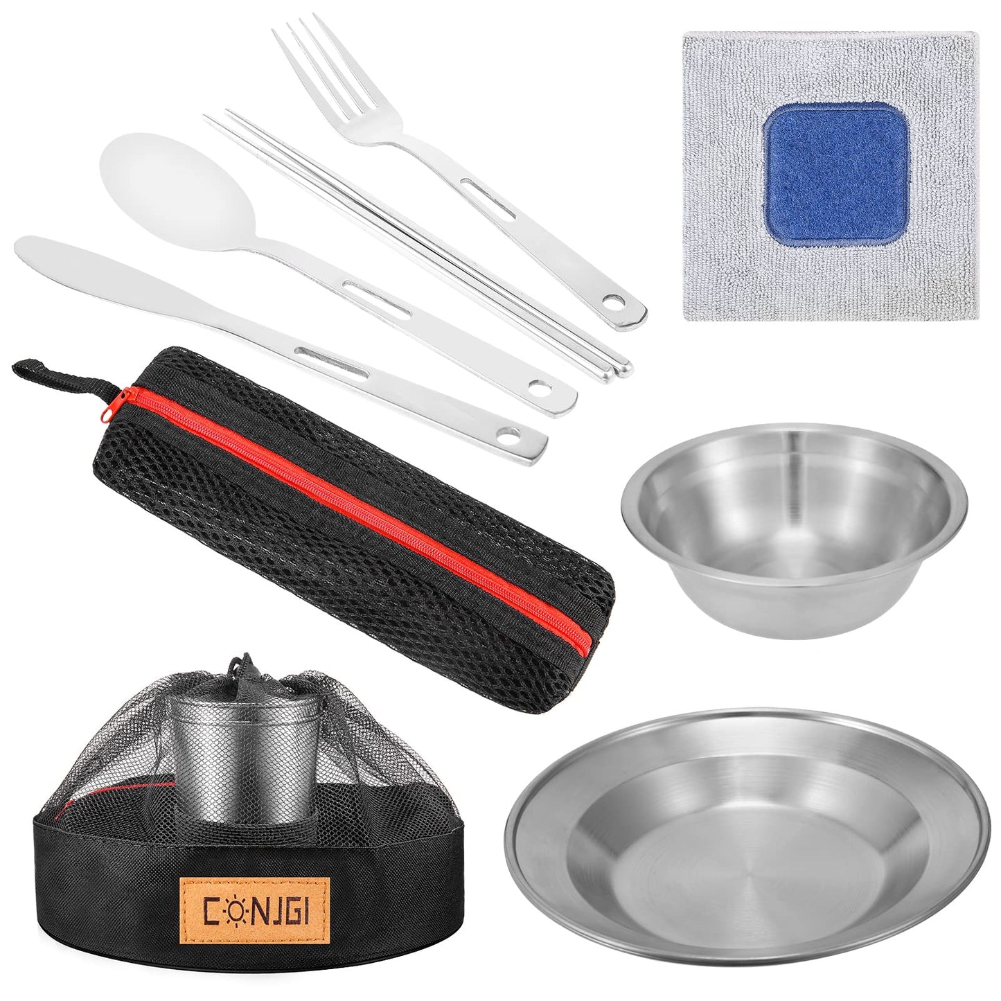 Outdoor Camping Mess Kit - 1 to 2 Persons Camping Dishes Includes Cups, Bowls, Dishes, Knives, Forks, Spoons, Etc, Camping Dinnerware Set with Mesh Bag is Easy to Carry Camping Tableware Set