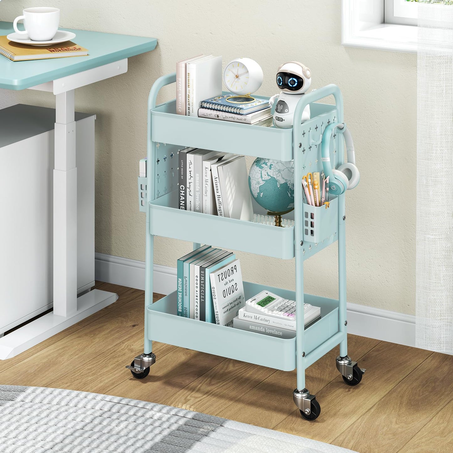 TOOLF Metal Rolling Storage Cart, 3-Tier Utility Mobile Cart with DIY Pegboards, Serving Trolley Cart with Baskets Hooks, for Kitchen, Bathroom, Office, Home, Classroom (Mint Green)