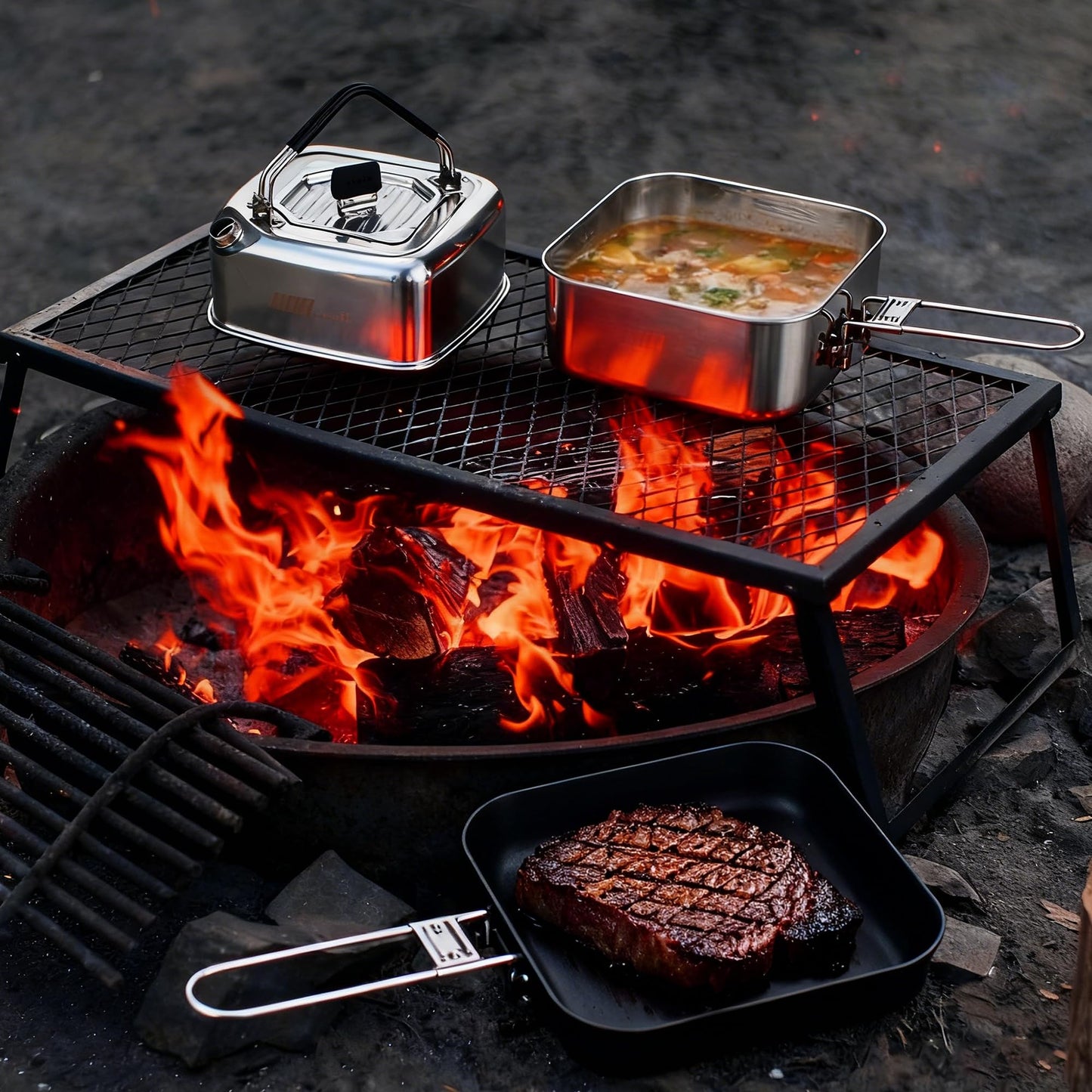 Alocs Camping Cookware Set, Stainless Steel Pot, 7-inch Non-Stick Pan, Portable Kettle, Outdoor Cooking System with Carry Bag for Kitchen, Picnic, Hiking, Backpacking,Fishing and Campfire