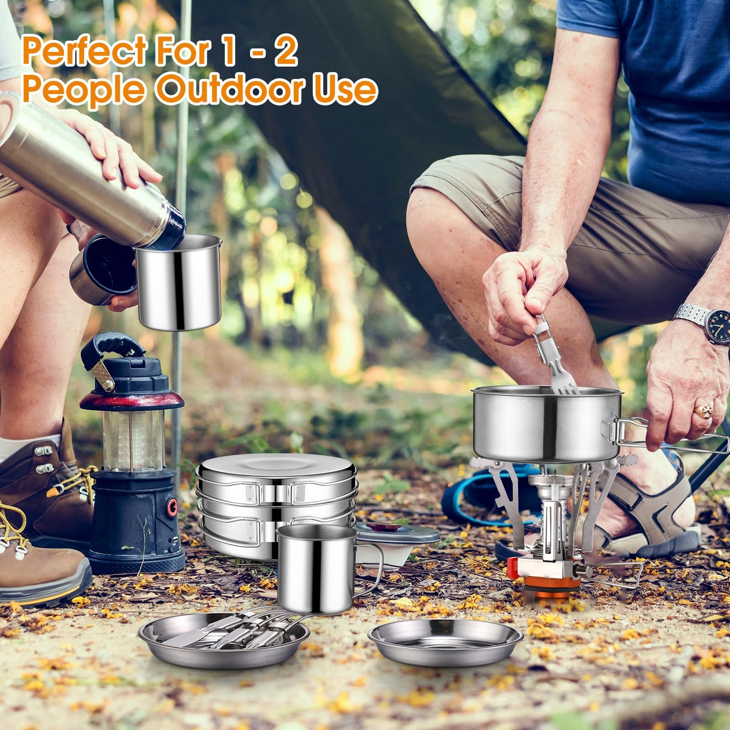 Funnymoom 15 Pcs Camp Cooking Set Stainless Steel Camping Cookware Mess Kit with Pot Pan and Stove 2 Set Stainless Steel Cups Plates Forks Knives Spoons for Camping Backpacking Outdoor Cooking Picnic