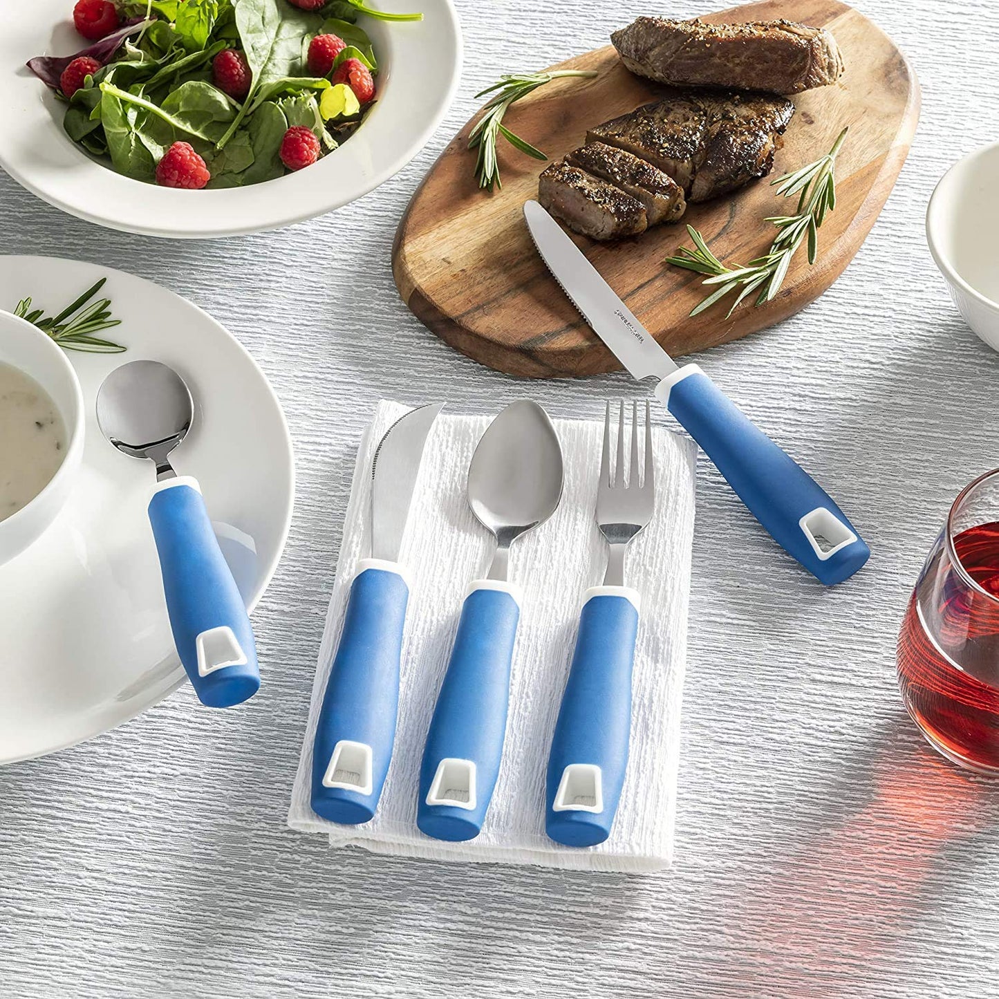 Special Supplies Adaptive Utensils 5-Piece Set Non-Weighted, Non-Slip Handles for Hand Tremors, Arthritis, Parkinson’s or Elderly Use - Stainless Steel Knife, Rocker Knife, Fork, Spoons - Blue