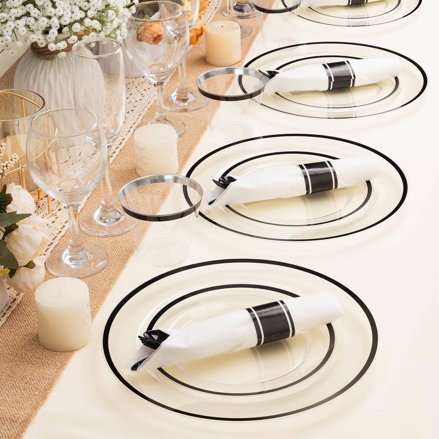 BESTSTAR 350PCS Clear and Black Disposable Plates Set for 50 Guests, 100 Plastic Plates, 50 Plastic Cups, 50 Pre-Rolled Napkins with Cutlery for Graduation Party, Thanksgiving, Birthday, Halloween