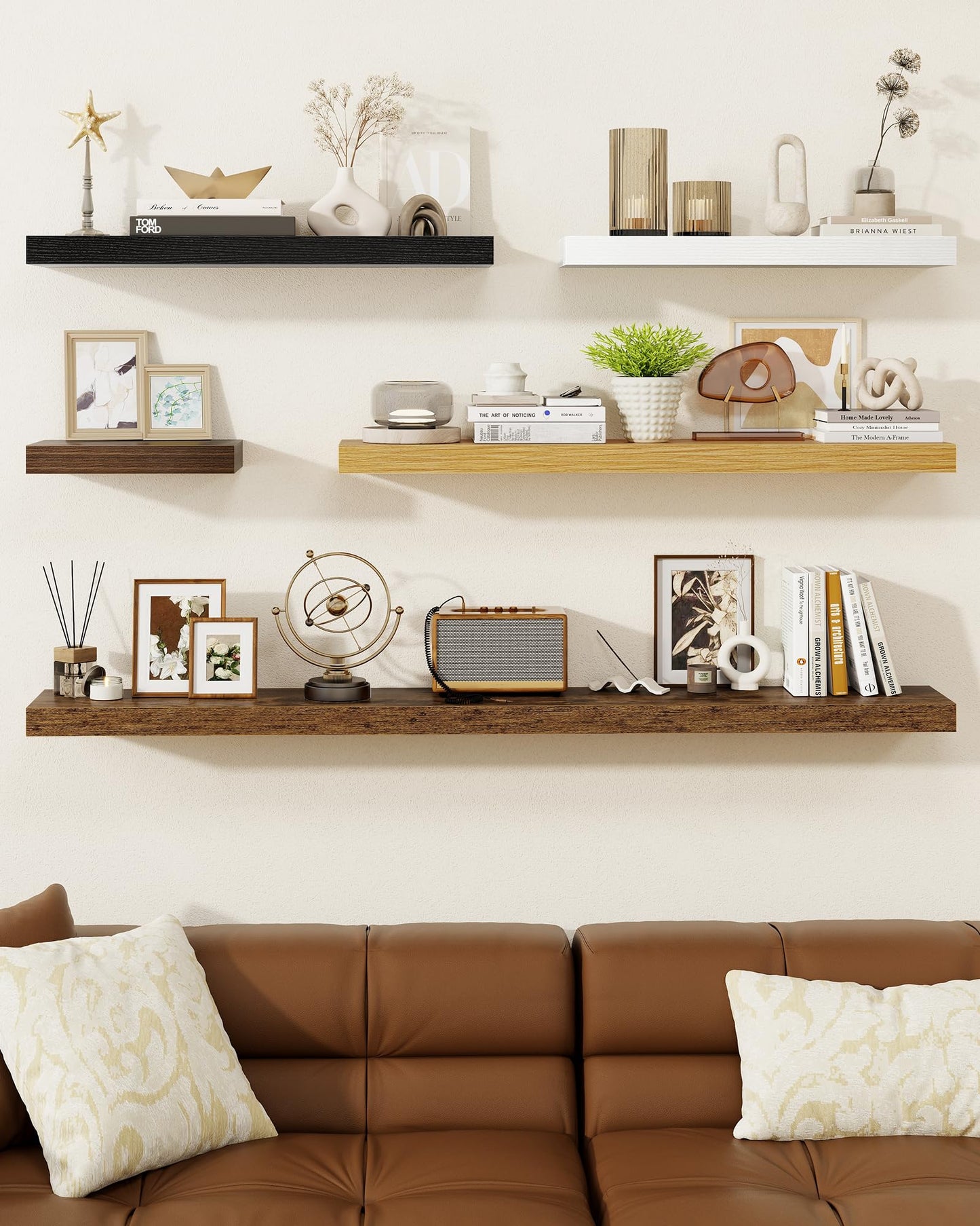 Marsmiles 16" Floating Shelves for Wall, Wooden Shelves with Invisible Brackets Set of 2, Rustic Farmhouse Wall Mounted Shelf for Kitchen Bathroom Living Room Study, Walnut