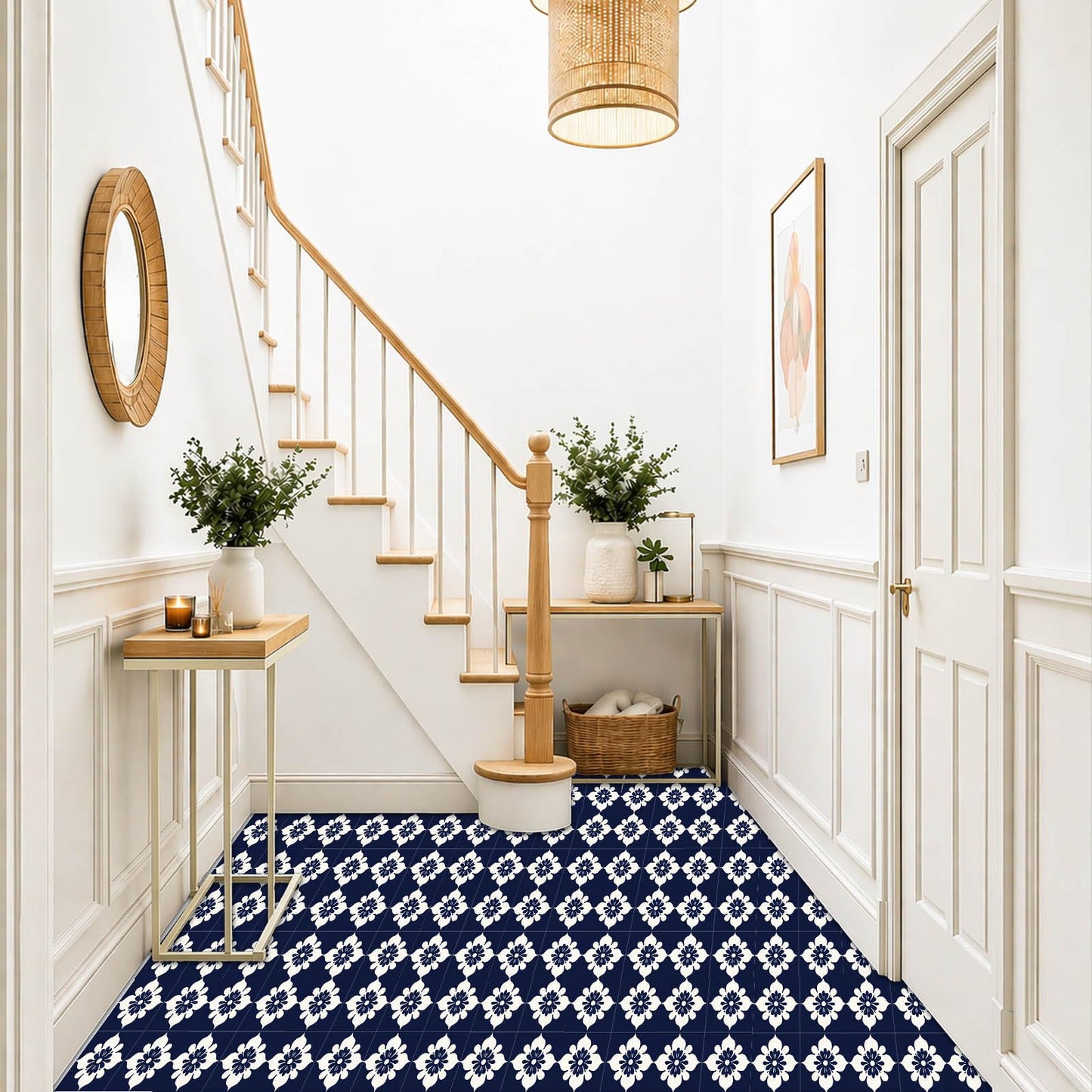IVN 10PCS 12x12 Inch Navy Floral Pattern Peel and Stick Floor Tiles Removable Self Adhesive Vinyl Flooring Stickers for Bathroom Kitchen Balcony Decor