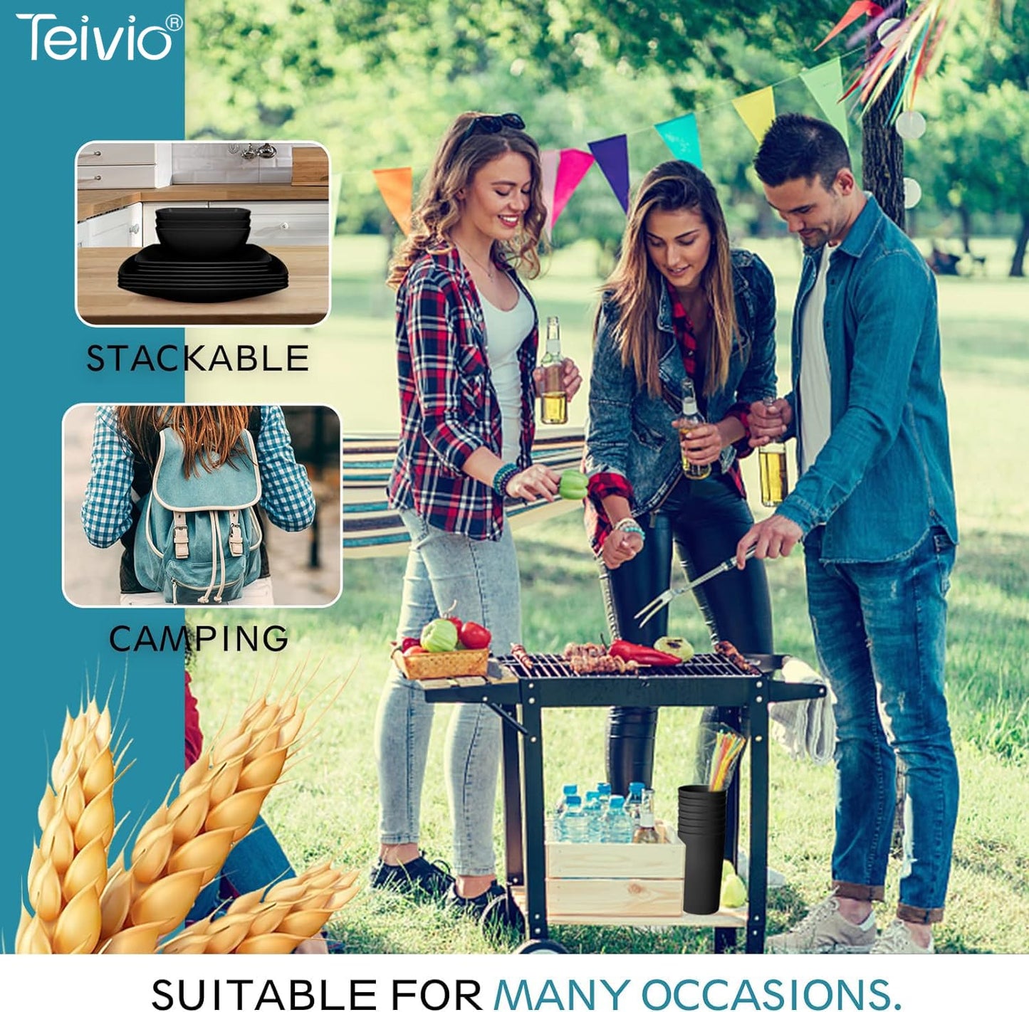 Teivio 32-piece Plastic Wheat Straw Square Dinnerware Set for 8, Unbreakable Dinner Plates, Salad Plates, Snack Bowls, Tumblers, Dishwasher Safe, Outdoor Kitchen Dinning RV Essentials Dish, Black