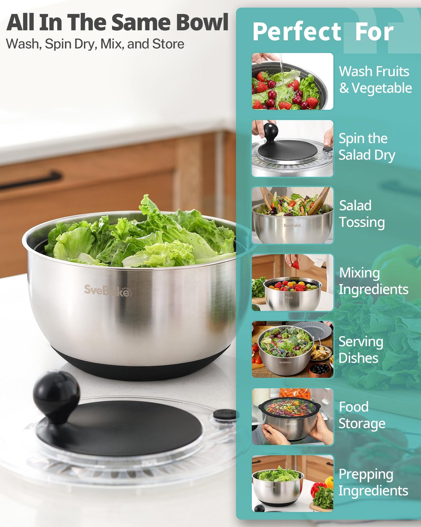 SveBake Stainless Steel Salad Spinner with Storage Lid, 5.3 Qt, BPA-Free, 4-in-1 Multi-Functional Lettuce Spinner, Fruit & Vegetable Washer, Easy Clean, Stop Button, Non-Slip Base